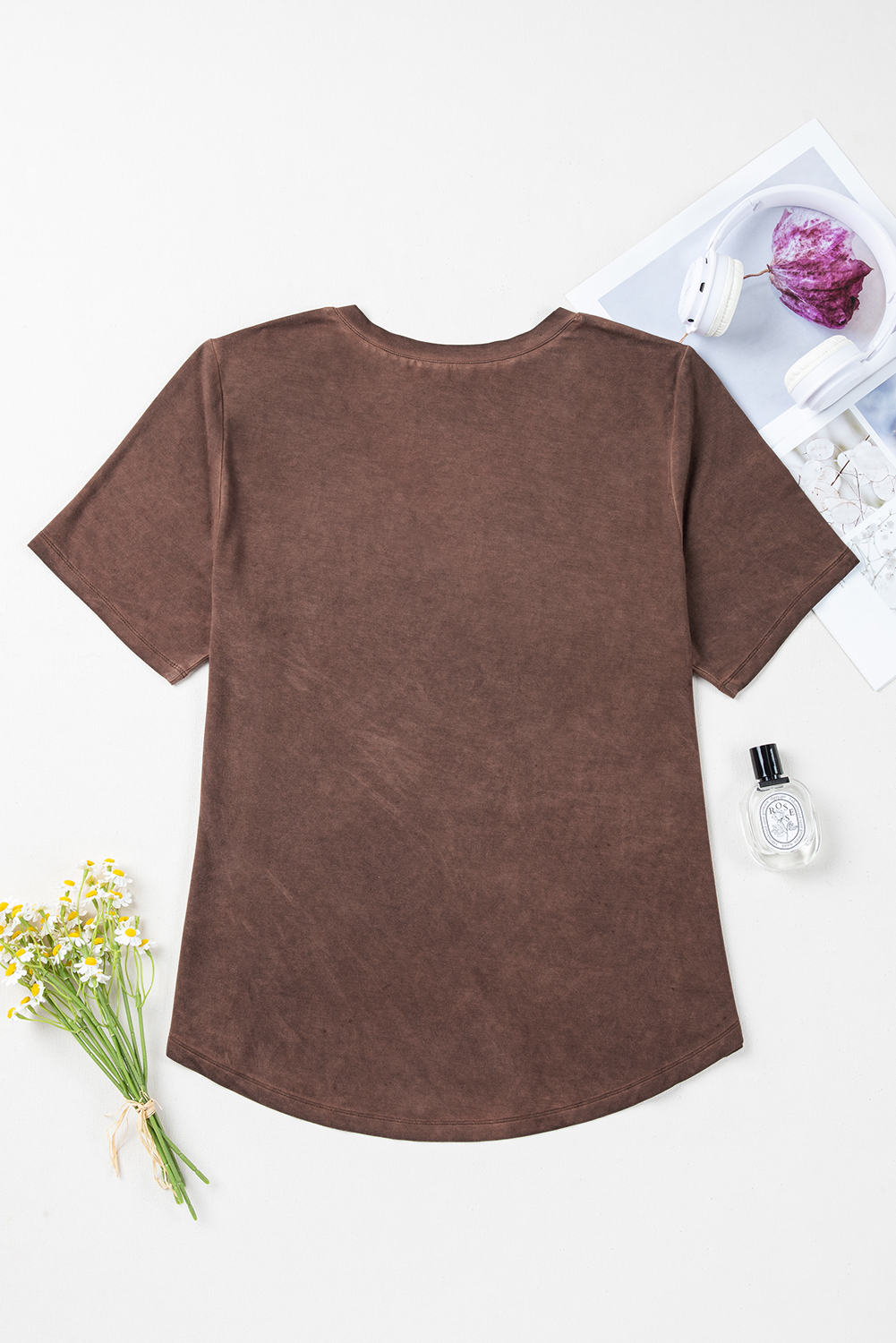 Chestnut Mineral Wash Criss Cross V Neck Casual T Shirt - loveforevers
