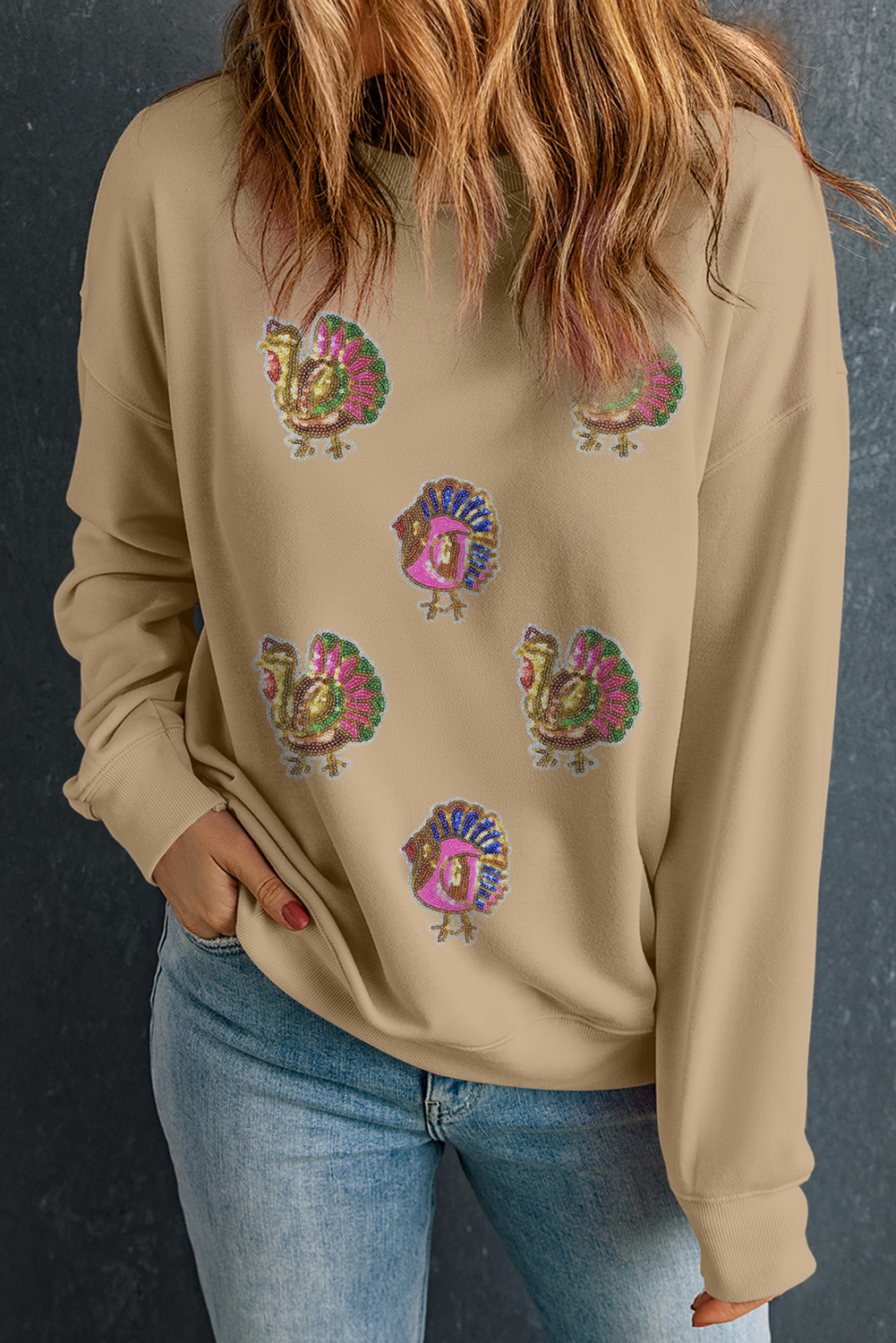 Khaki Sequin Thanksgiving Turkey Graphic Baggy Sweatshirt - loveforevers