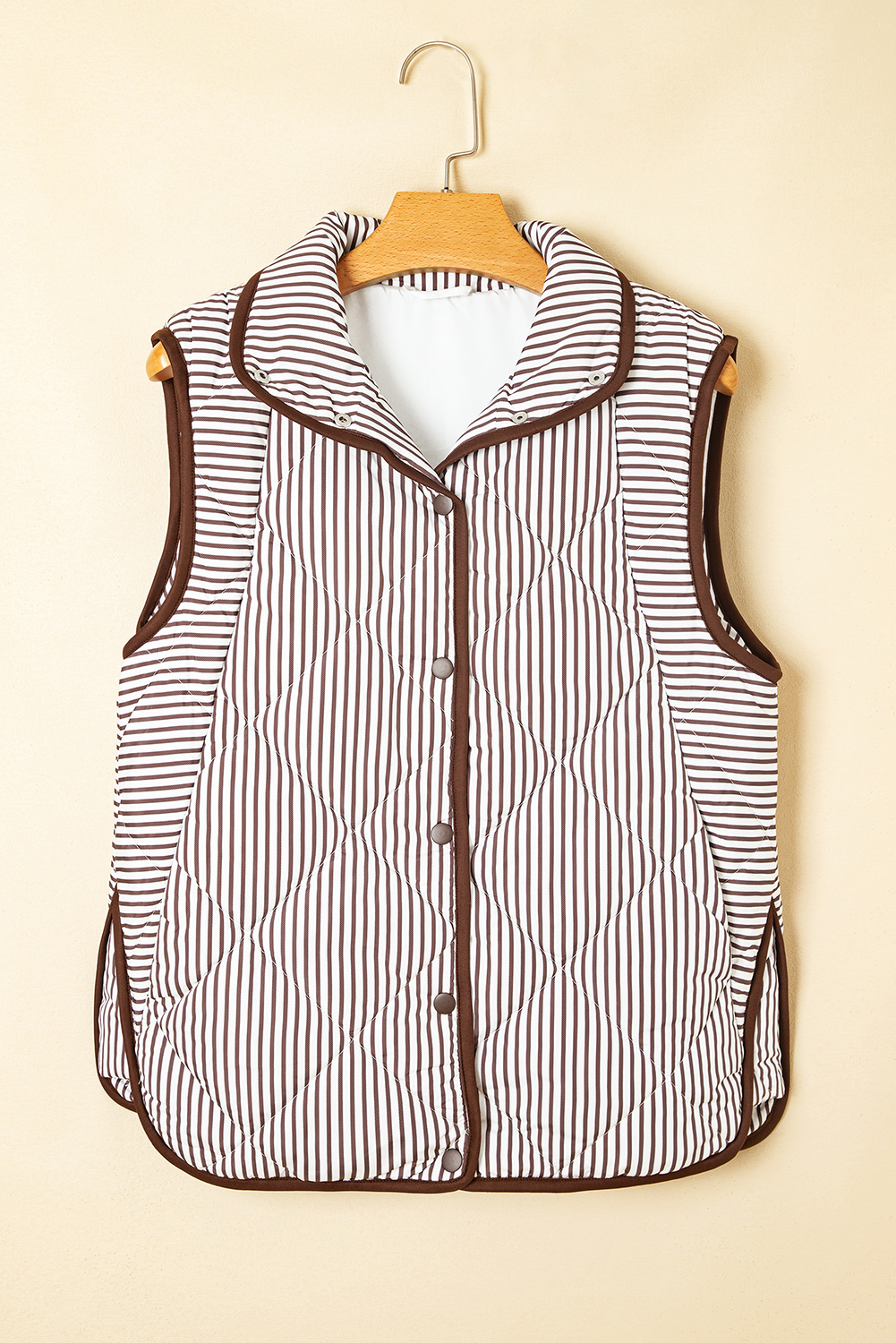 Black Stripe Contrast Trim Snap Button Collared Winter Vest - loveforevers