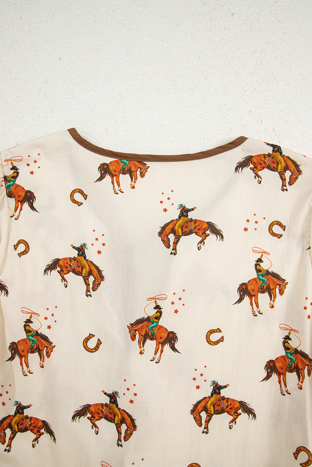 Apricot Cowboy Print Puff Sleeve Bowknot Peplum Blouse - loveforevers