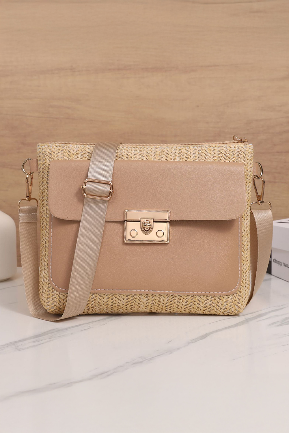 Thai Curry Leather Pocket Patchwork Straw Woven Shoulder Bag - loveforevers