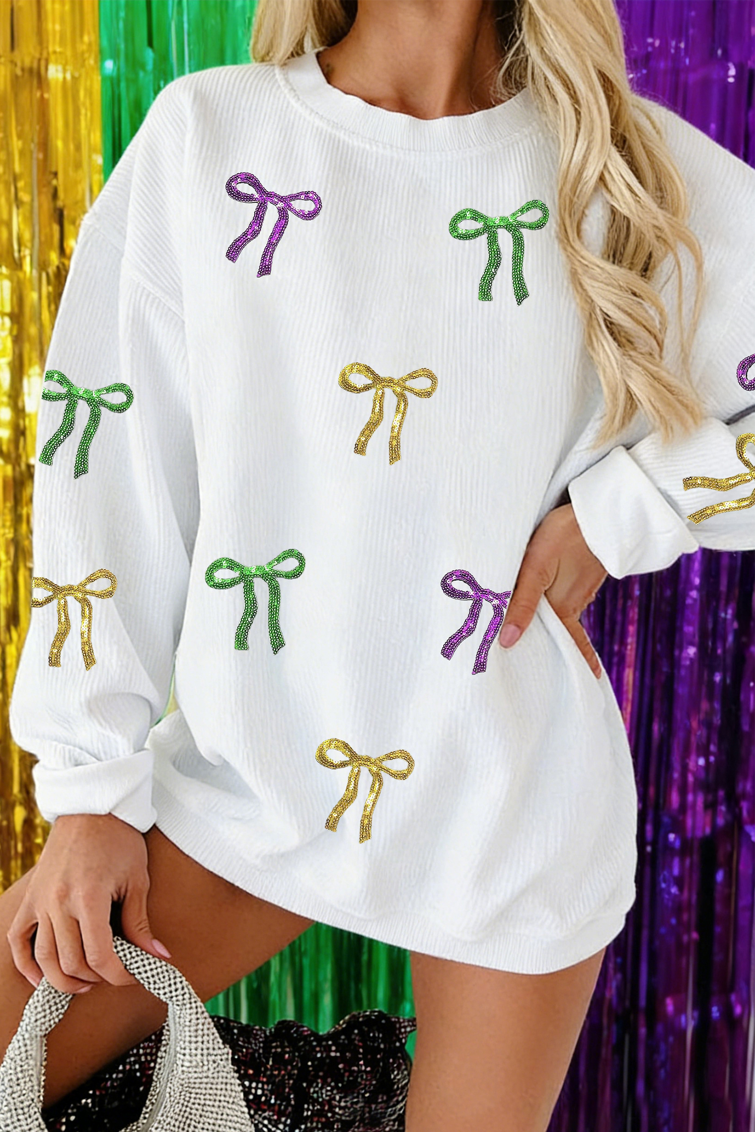 White 3D Ribbed Sequin Mardi Gras Bow Baggy Sweatshirt - loveforevers