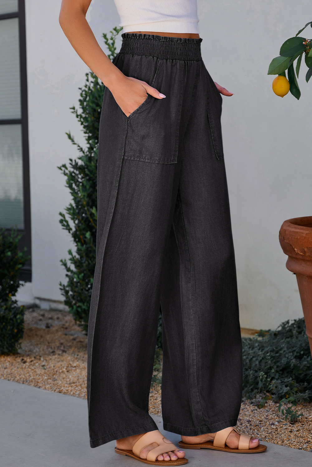 Black Side Pockets Frilled Smocked High Waist Wide Leg Jeans - loveforevers