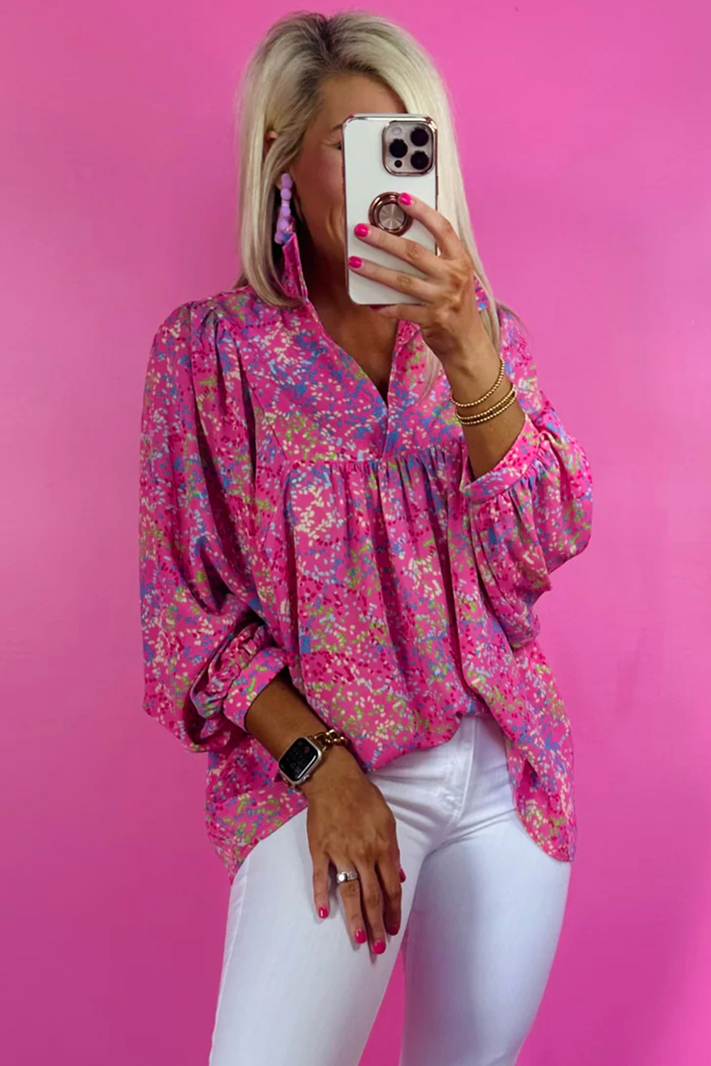 Bonbon Abstract Print Collared V Neck Babydoll Blouse - loveforevers
