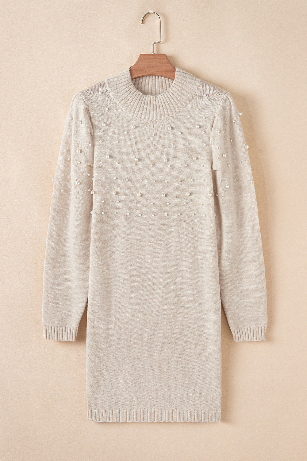 Parchment Pearl Beaded High Neck Bodycon Sweater Dress - loveforevers