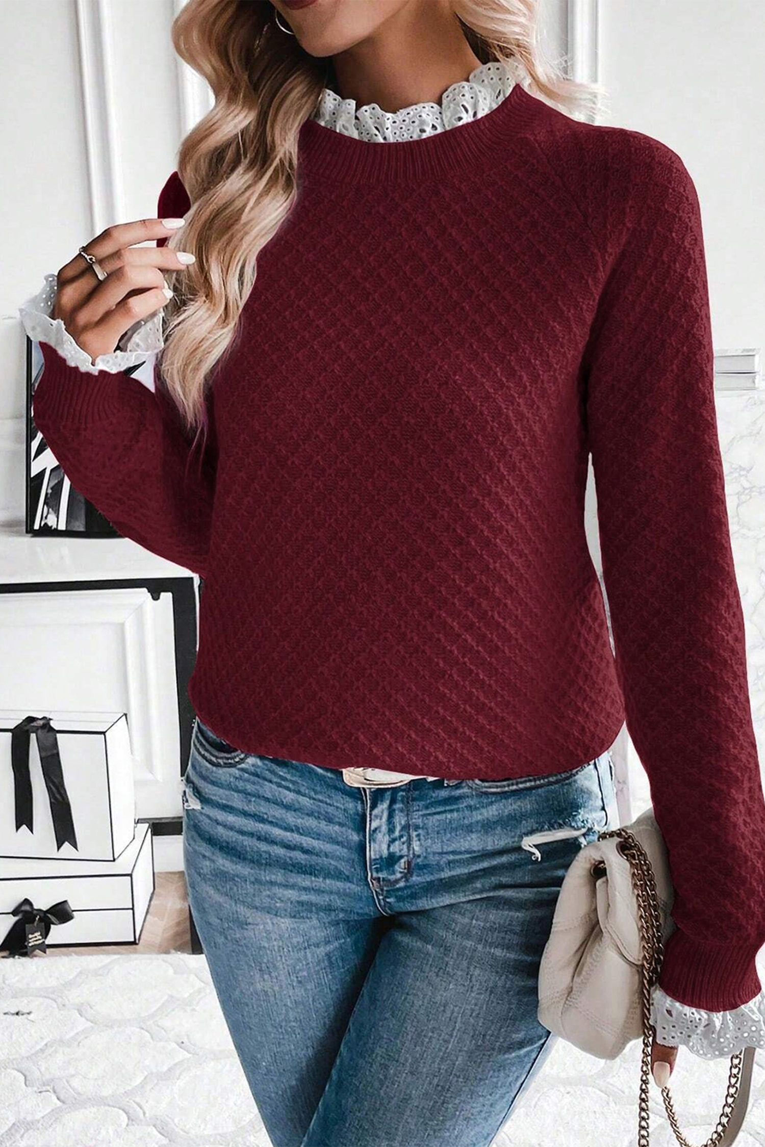 Burgundy  Contrast Lace Frilled Trim Raglan Sleeve Sweater - loveforevers