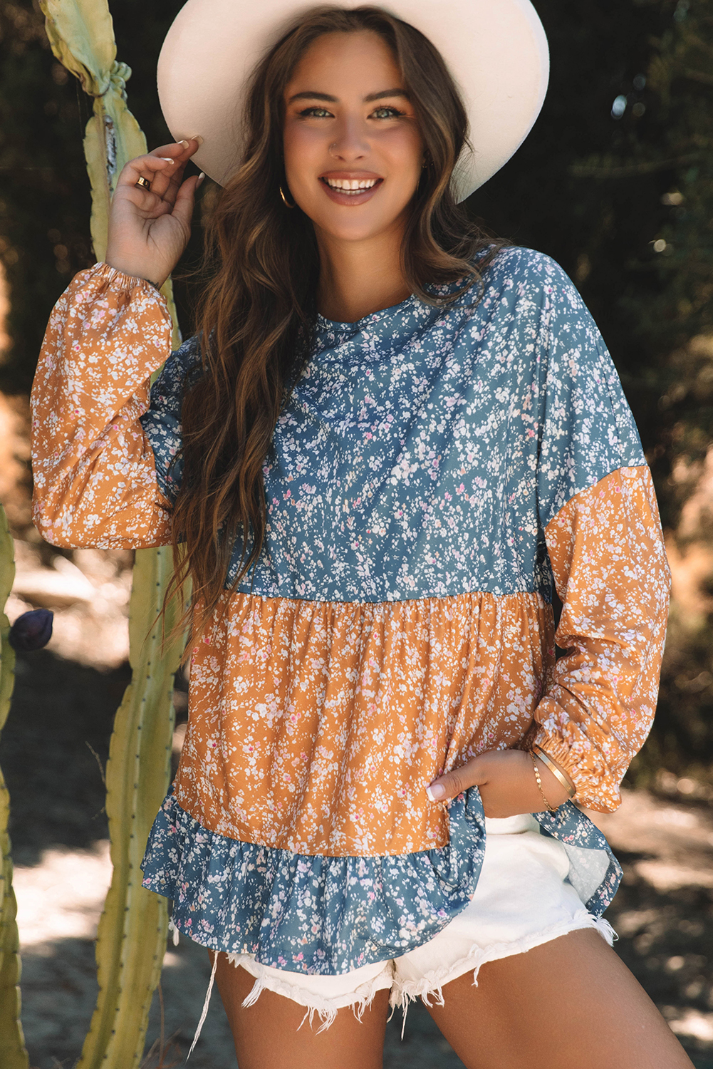 Orange Floral Color Block Patchwork Ruffled Hem Round Neck Blouse - loveforevers