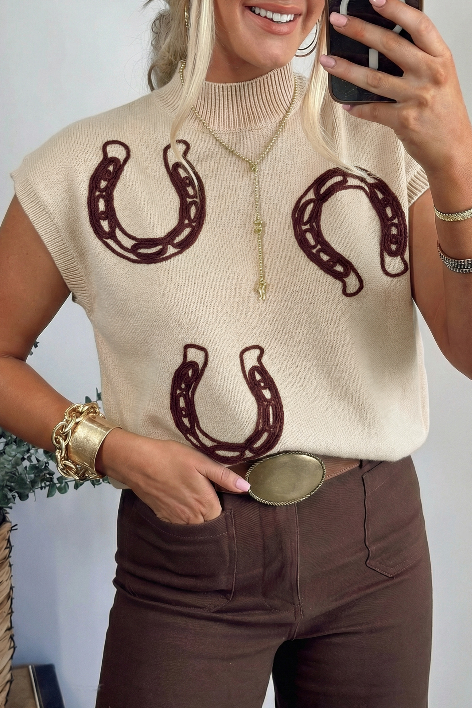 Parchment Corded Horseshoes Ribbed Trim Mock Neck Short Sleeve Sweater - loveforevers