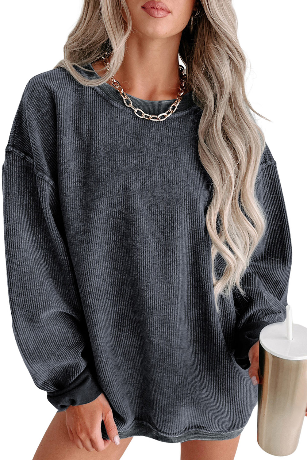 Pink Solid Ribbed Knit Round Neck Pullover Sweatshirt - loveforevers