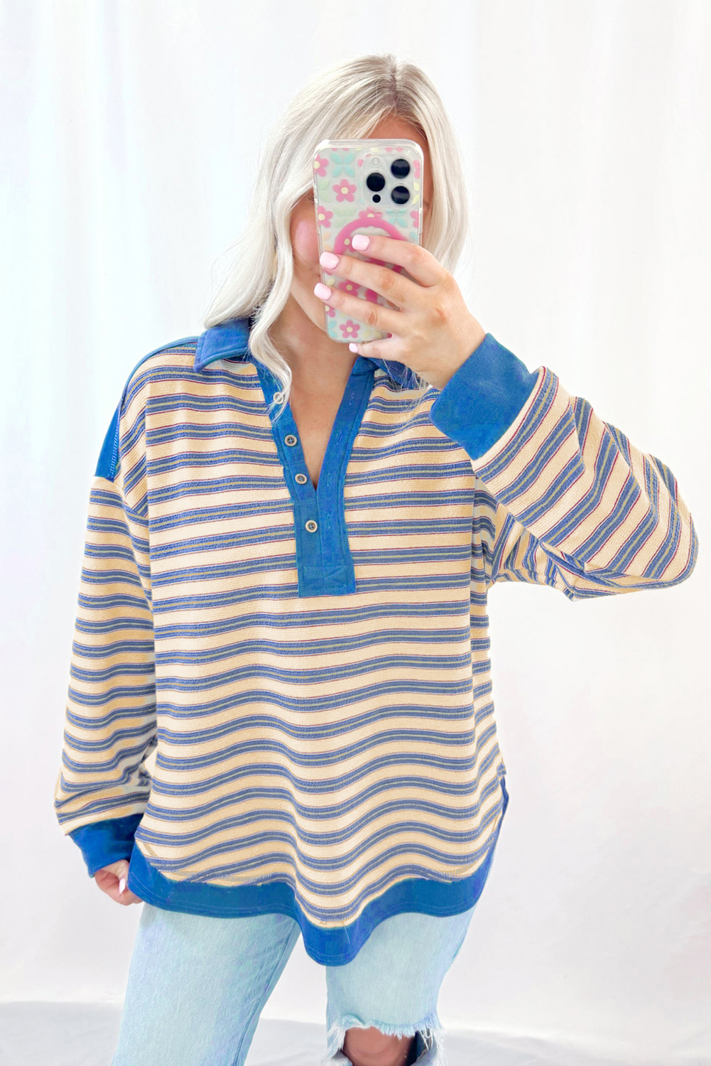 Red Stripe Buttoned V Neck Collared Drop Shoulder Top - loveforevers