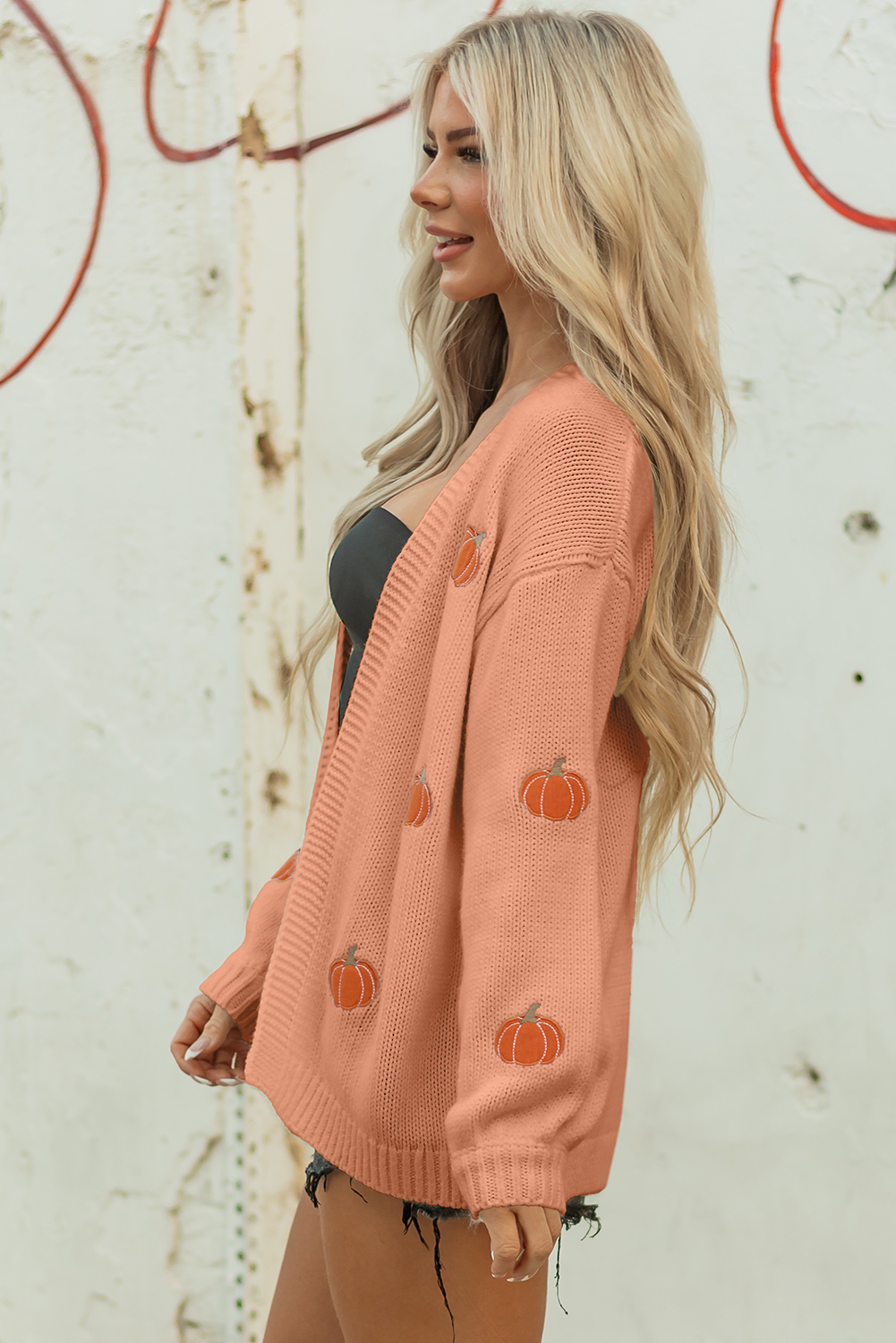 Light Pink Christmas Tree Print Open Front Drop Shoulder Midi Cardigan - loveforevers
