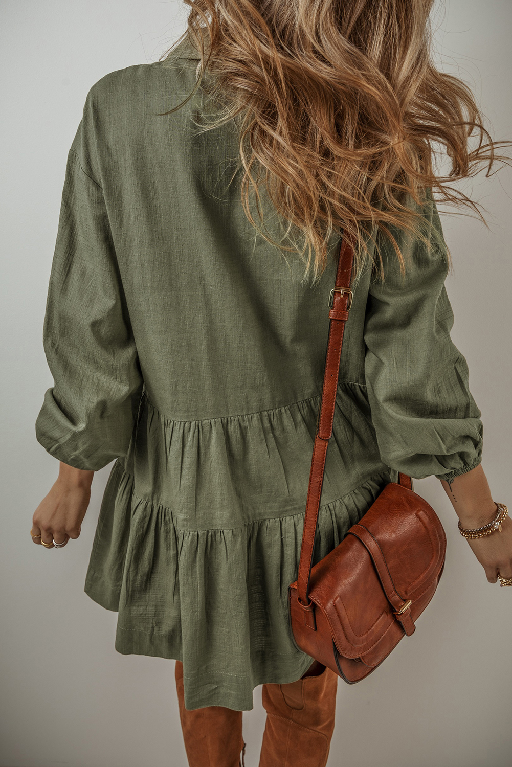 Jungle Green Puff Sleeve Buttoned Tiered Pleated Shirt Mini Dress - loveforevers