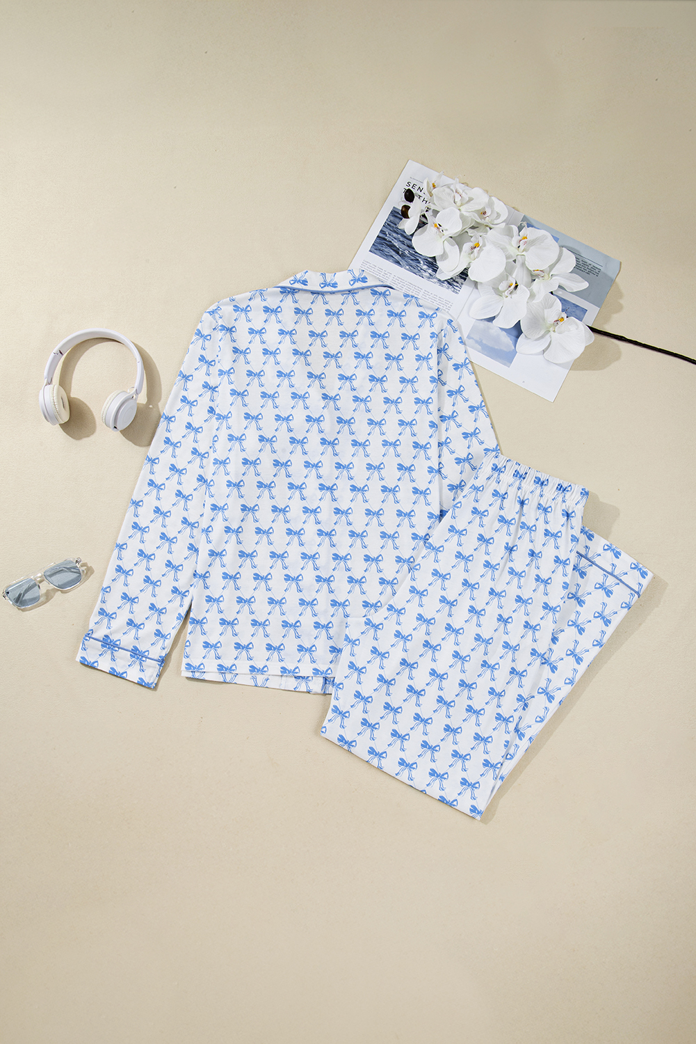 Sky Blue Bow Print Long Sleeve Shirt and Pants Soft Pajama Set - loveforevers