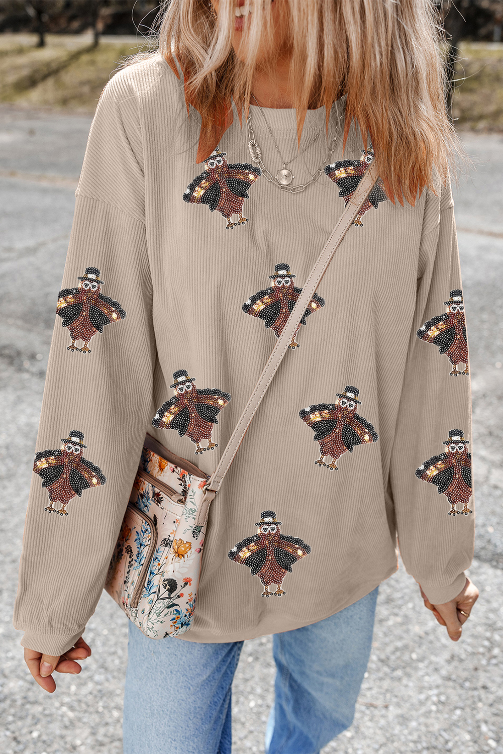 Smoke Gray Twisted Ribbed Sequined Thanksgiving Turkey Graphic Baggy Sweatshirt - loveforevers