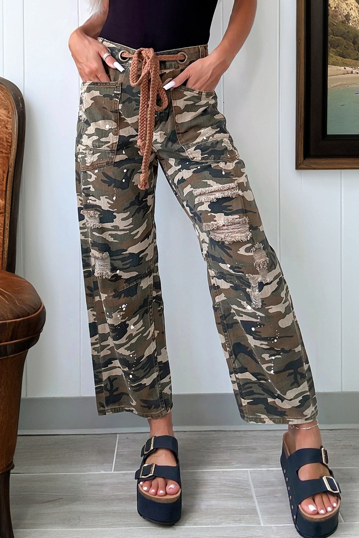 Green Camouflage Print Splashed Distressed Loose Denim Pants - loveforevers