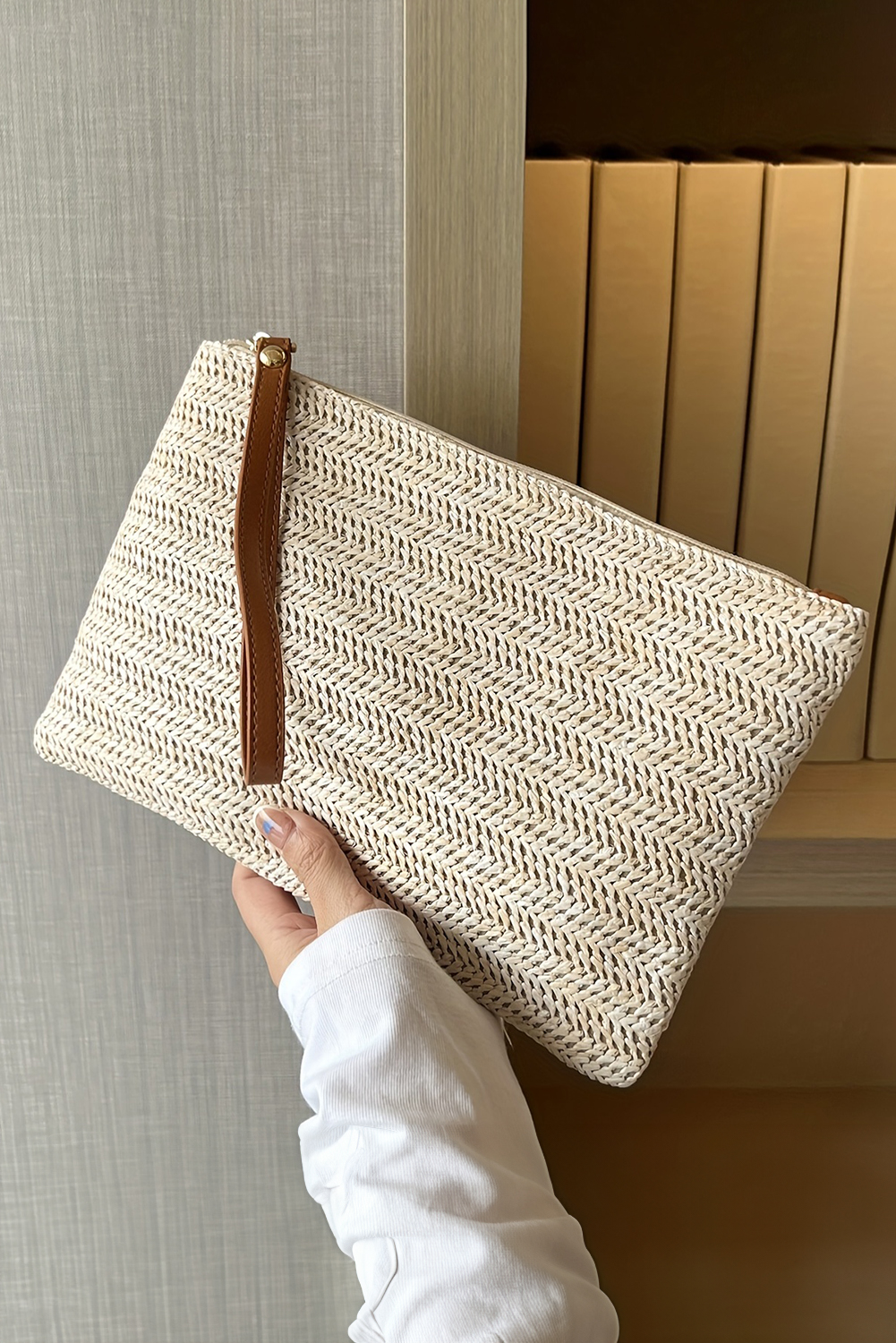 Oatmeal Straw Woven Wrist Strap Zipper Large Wallet - loveforevers