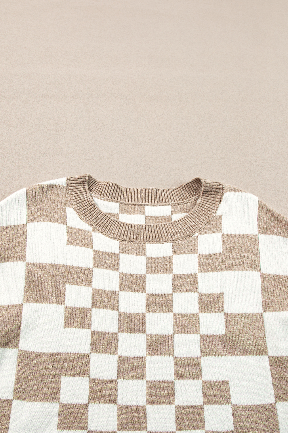 Khaki Checkered Print Drop Shoulder Round Neck Sweater - loveforevers