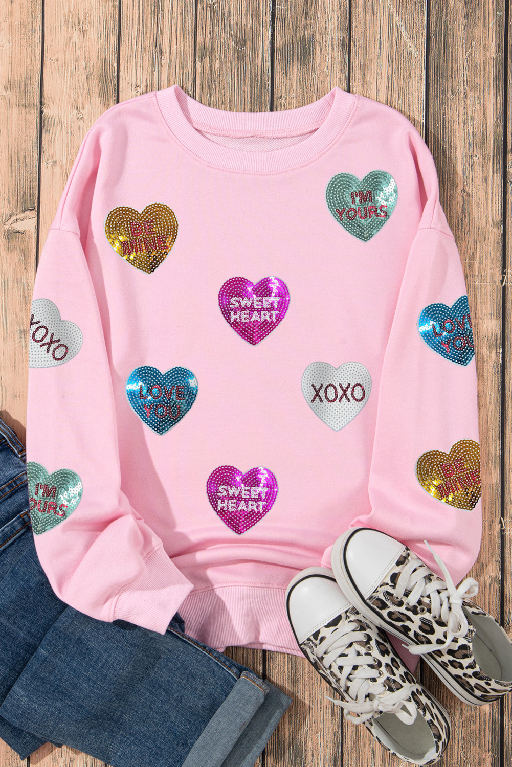 Pink Sequin Valentines Lettering Heart Patched Crewneck T Shirt - loveforevers