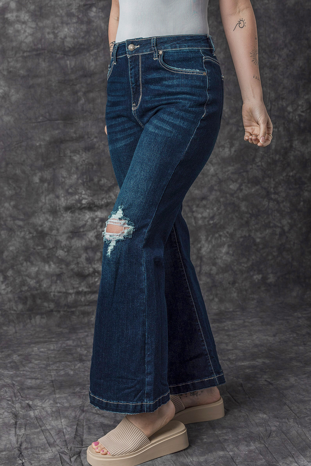 Real Teal High Rise Ripped Bell Bottom Jeans - loveforevers