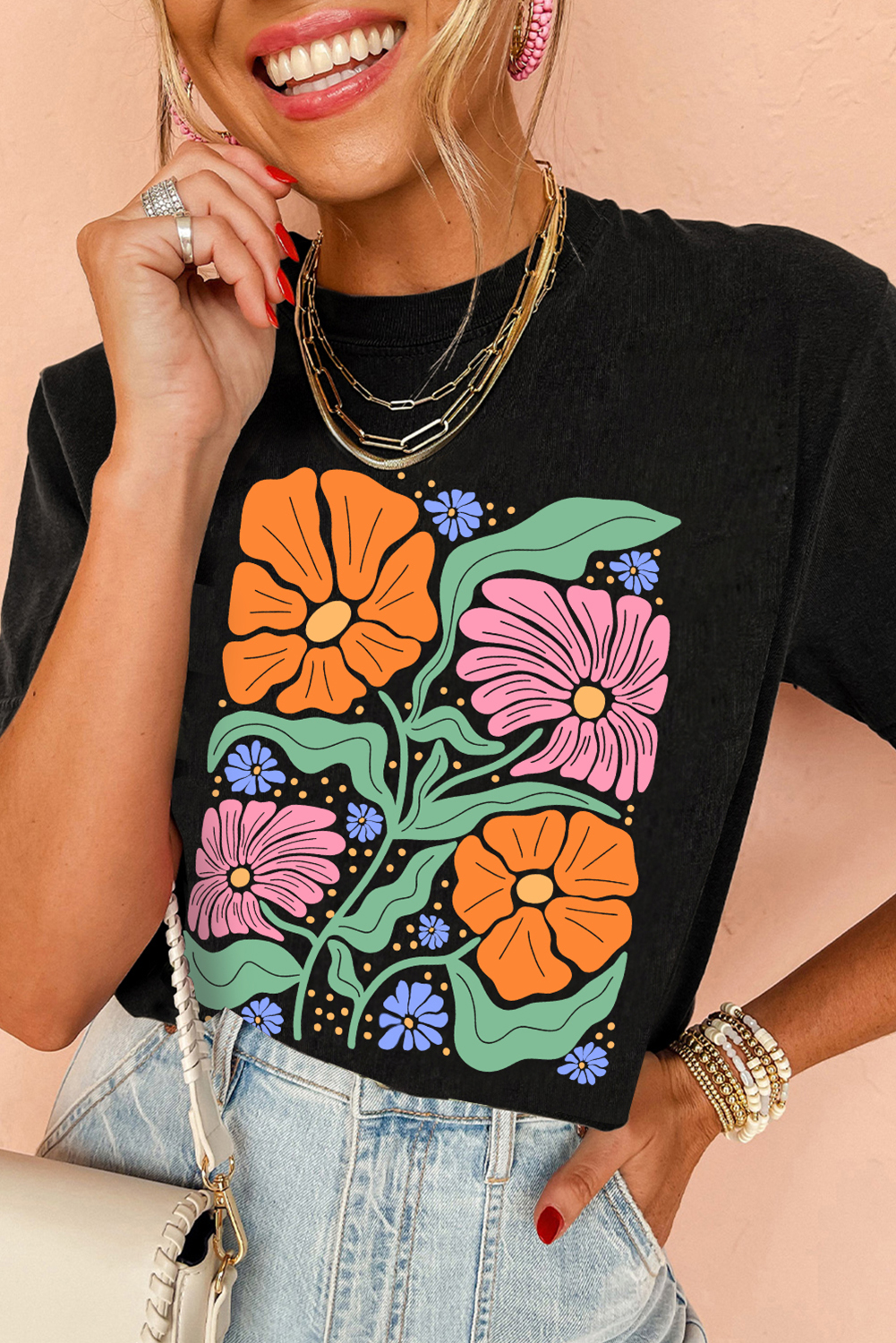 Black Colorful Flower Graphic Crewneck Summer Tee - loveforevers