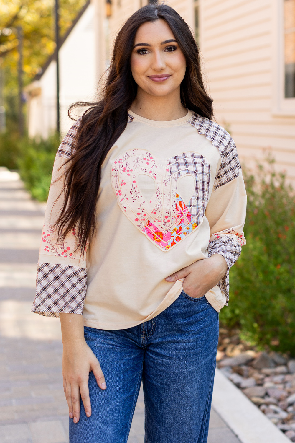 Beige Flower Patch Graphic Exposed Seam Wide Sleeve Top - loveforevers