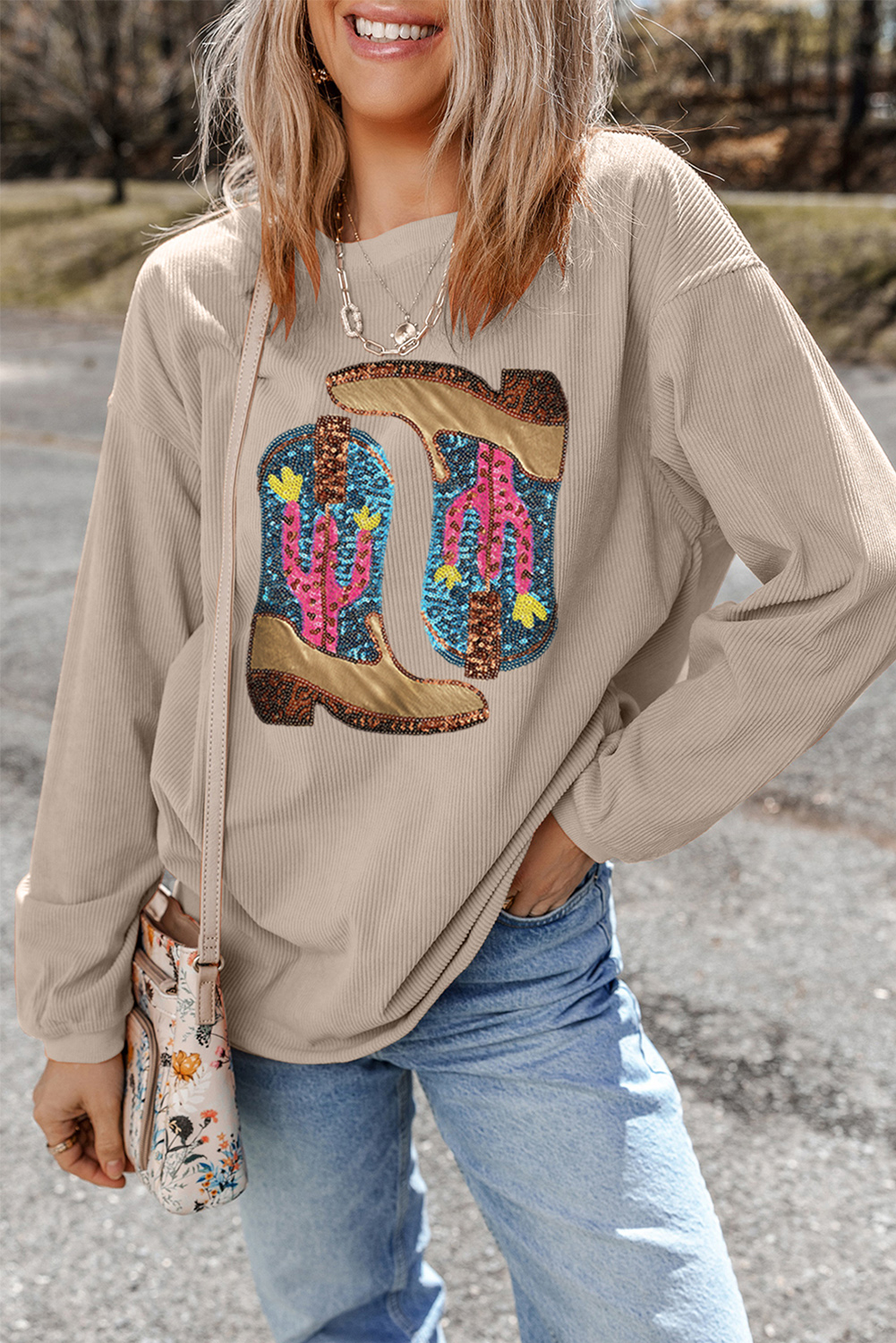 Smoke Gray Western Cowboy Boots Graphic Corded Loose Sweatshirt - loveforevers
