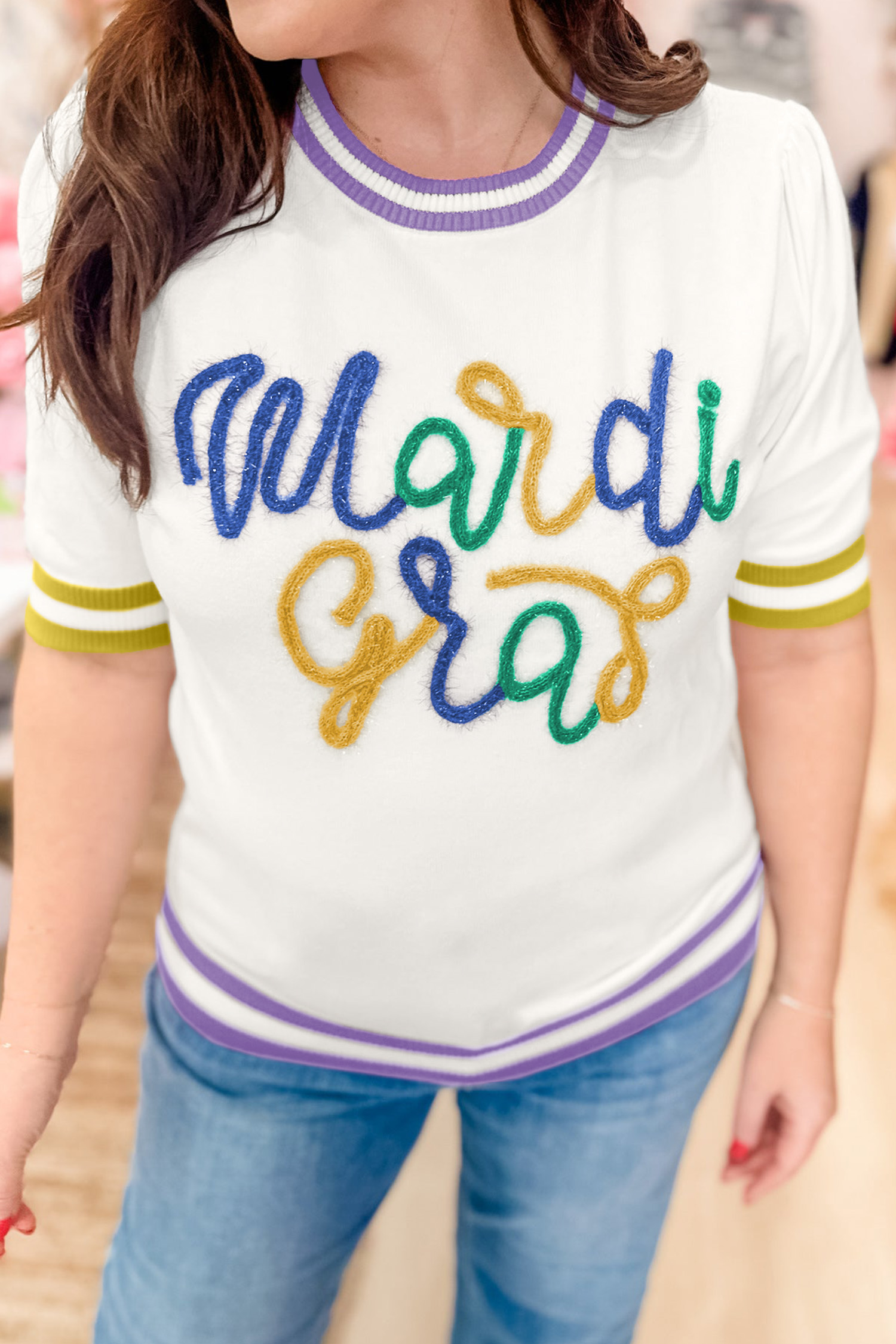 White Mardi Gras Tinsel Letter Graphic Short Sleeve Sweater - loveforevers