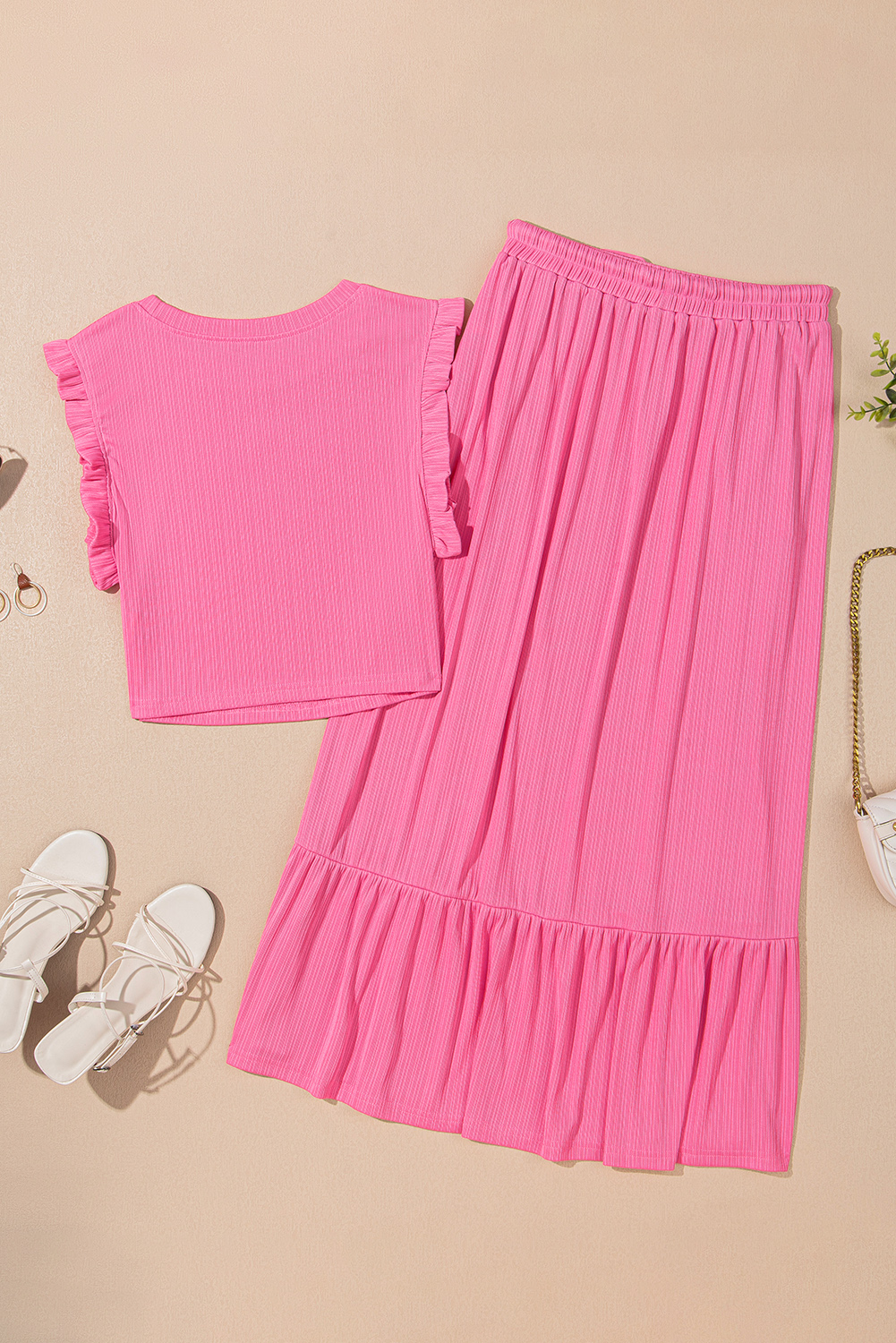 Bonbon Textured Ruffle Trim Crop Vest Lace-up Long Skirt Set - loveforevers