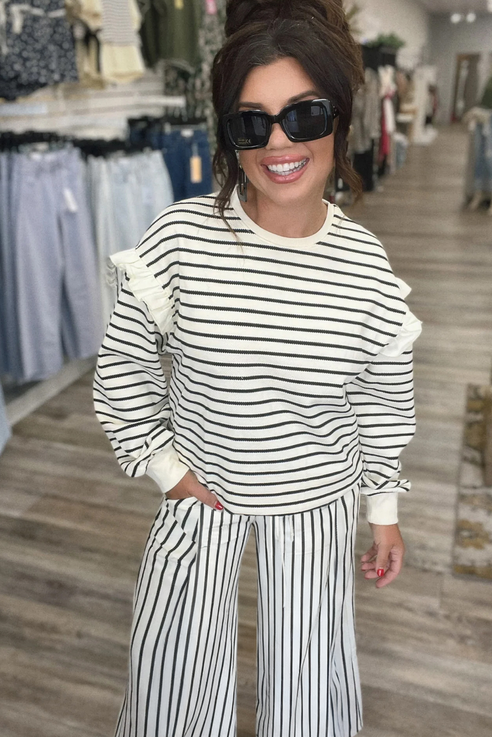 White Stripe Ruffle Trim Drop Shoulder Top Drawstring Loose Pant Set - loveforevers