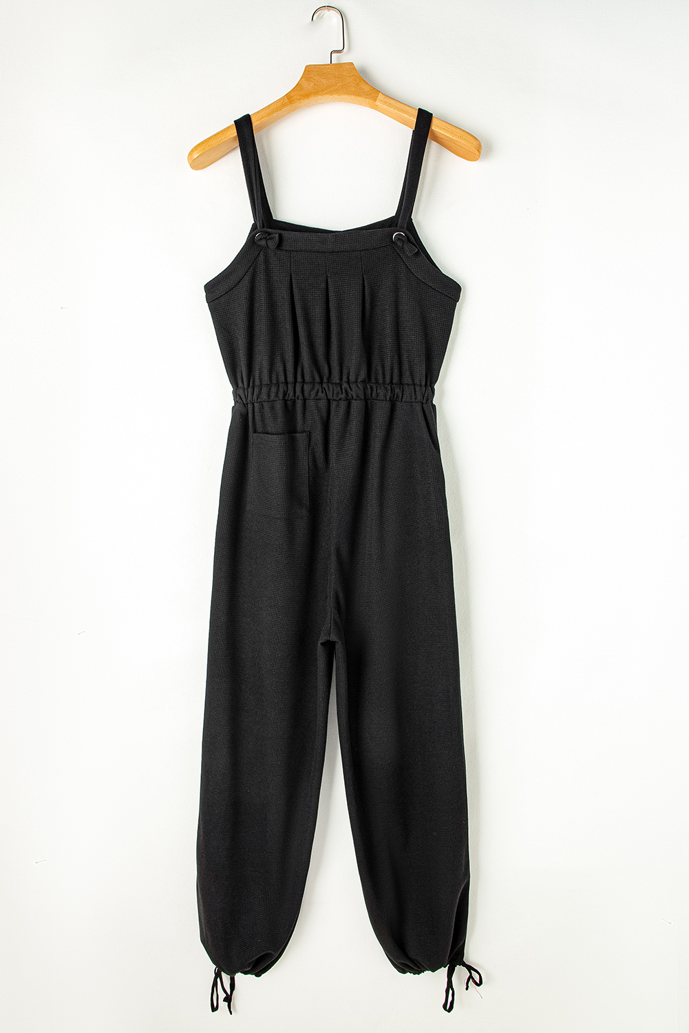 Black Knotted Straps Button Textured Drawstring Jumpsuit - loveforevers