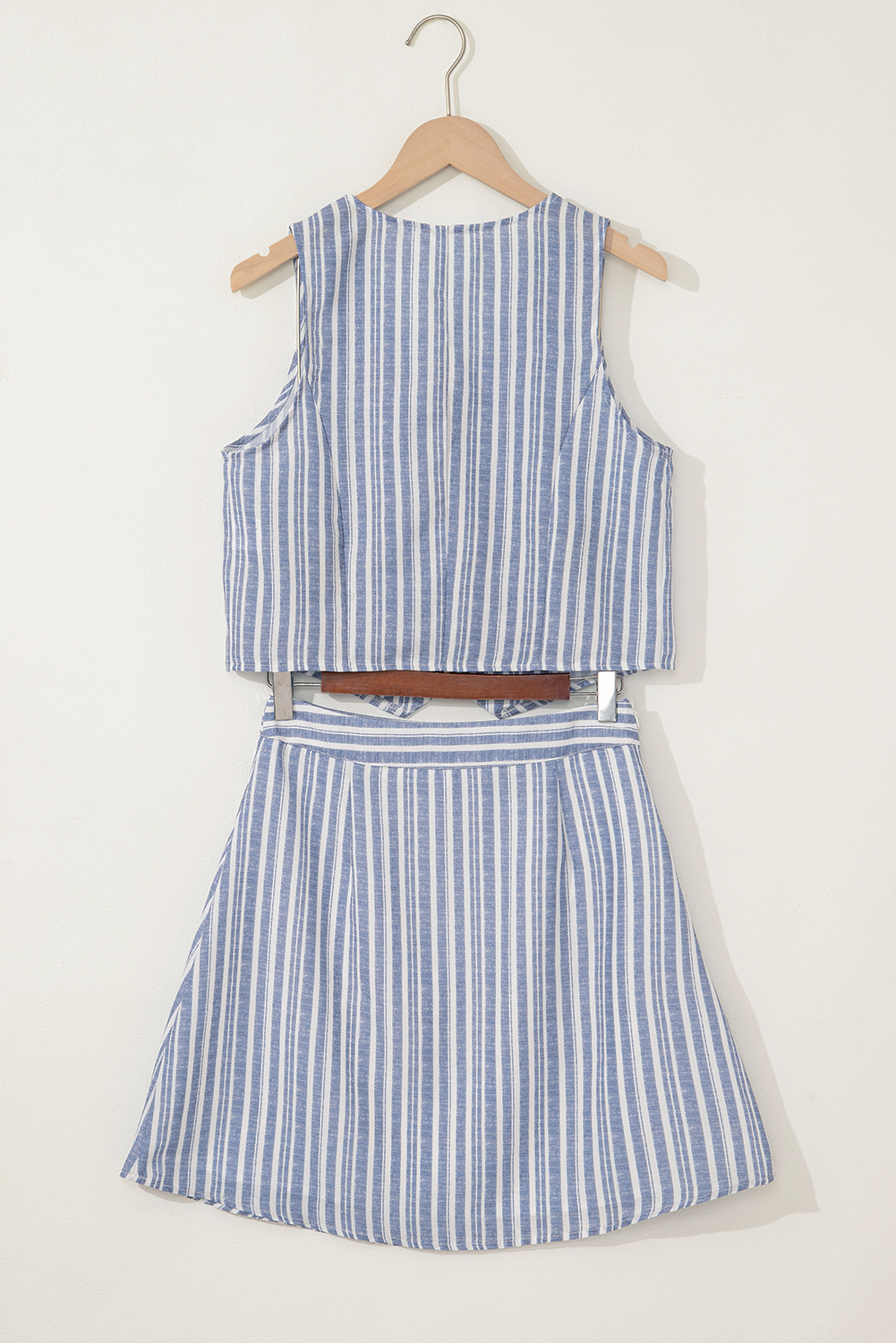 Sky Blue Stripe Buttoned Office Waistcoat Mini Skirt Set - loveforevers