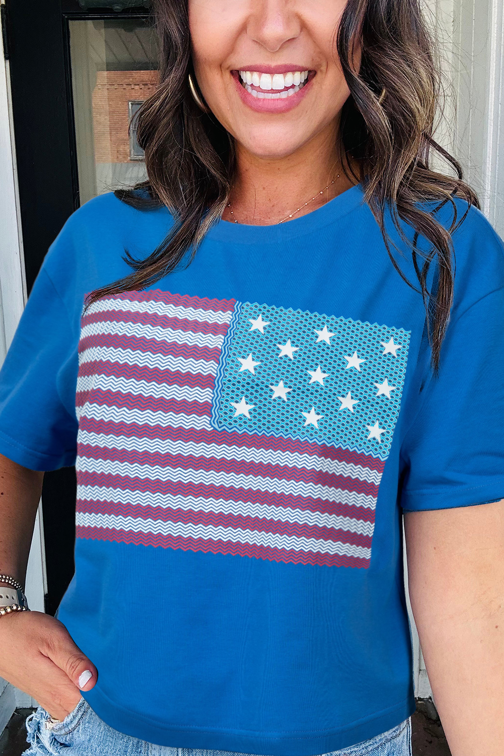 Real Teal American Flag Pattern Crewneck Tee - loveforevers