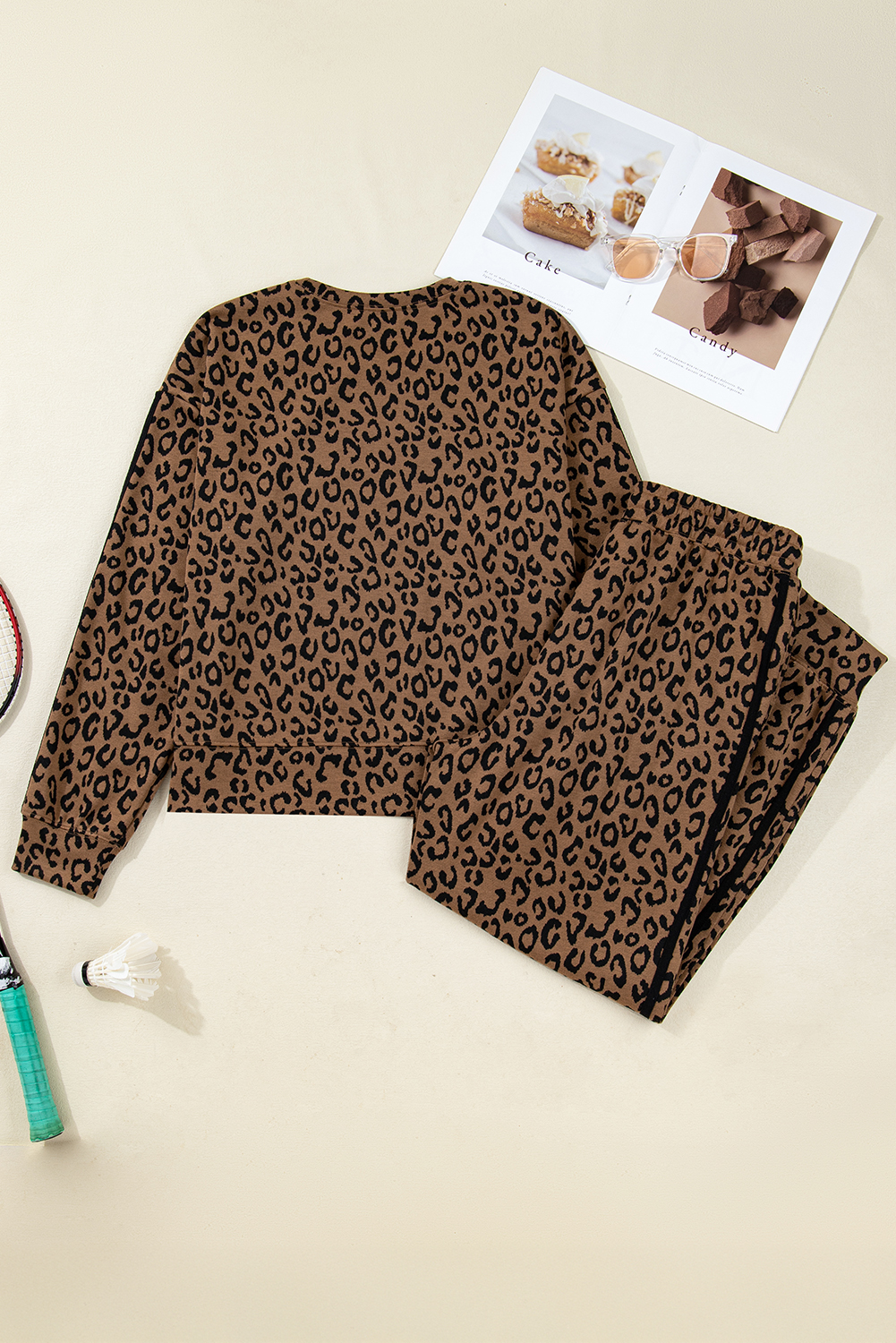Brown Varsity Striped Trim Leopard Long Sleeve Top Drawstring Pant Set - loveforevers