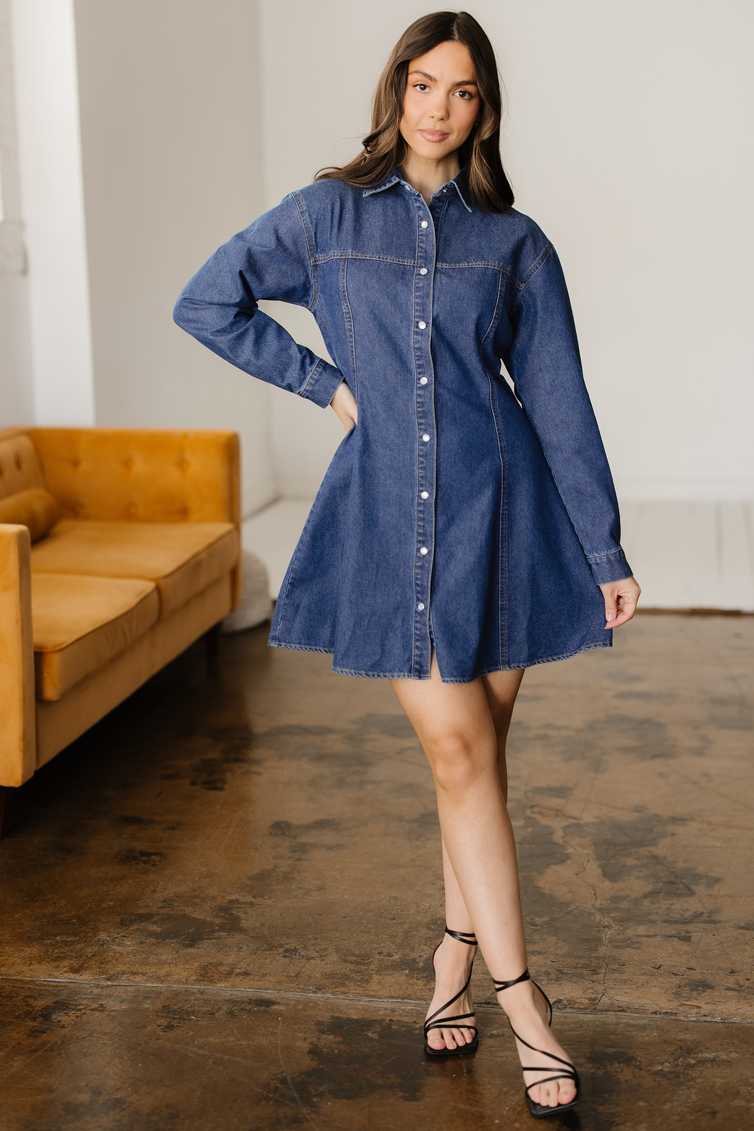 Ashleigh Blue Denim Shirt Collar Long Sleeve Flared Mini Dress - loveforevers
