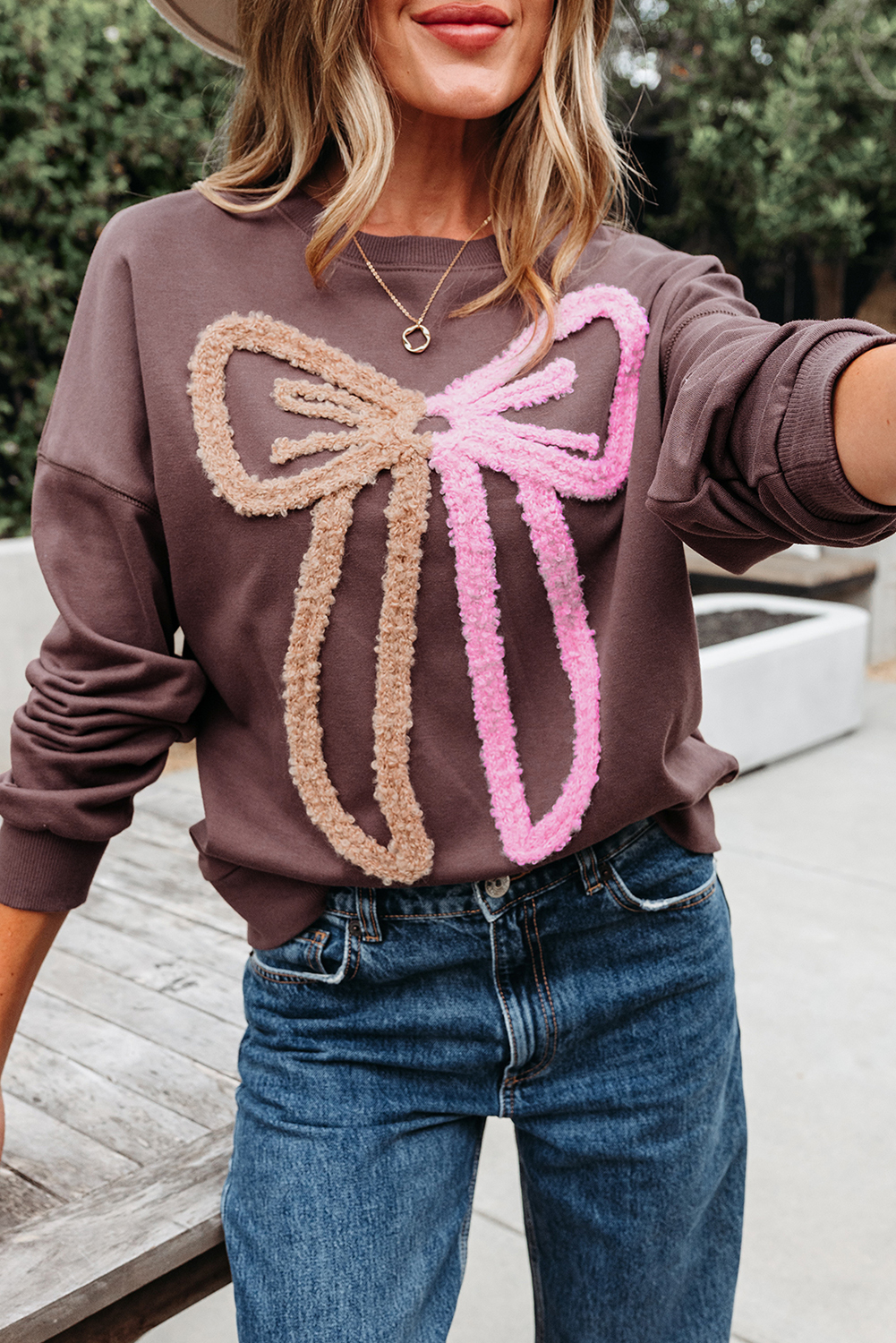 Dark Khaki Contrast Terry Bow Pattern Drop Shoulder Sweatshirt - loveforevers