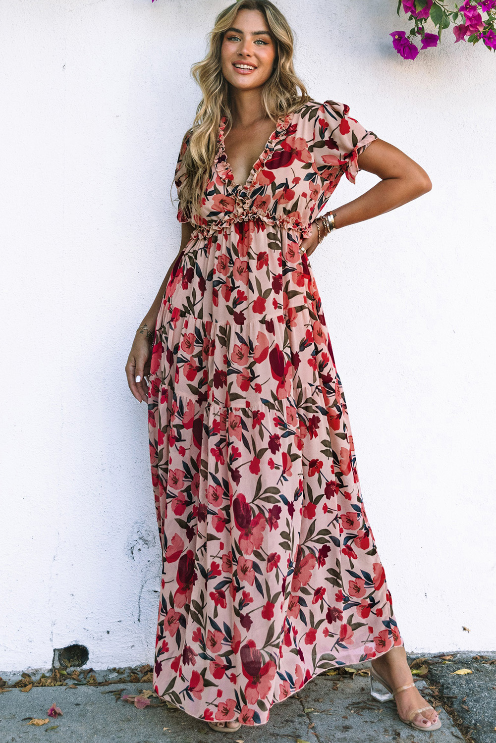 Fiery Red Floral Print Frilled V Neck Short Sleeve Maxi Dress - loveforevers