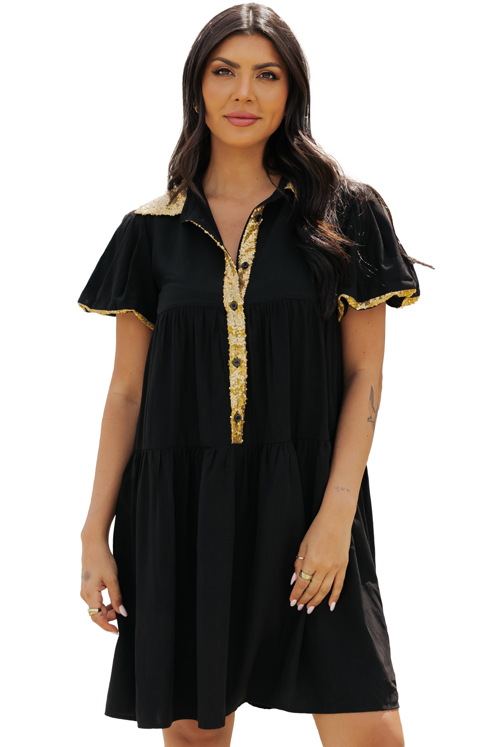 Black Sequin Trim Bubble Sleeve Game Day Shirt Dress - loveforevers