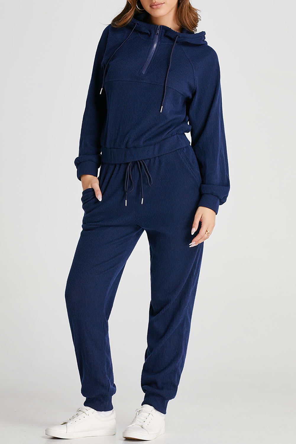Navy Blue Ribbed Knit Cropped Hoodie and Drawstring Joggers Set - loveforevers