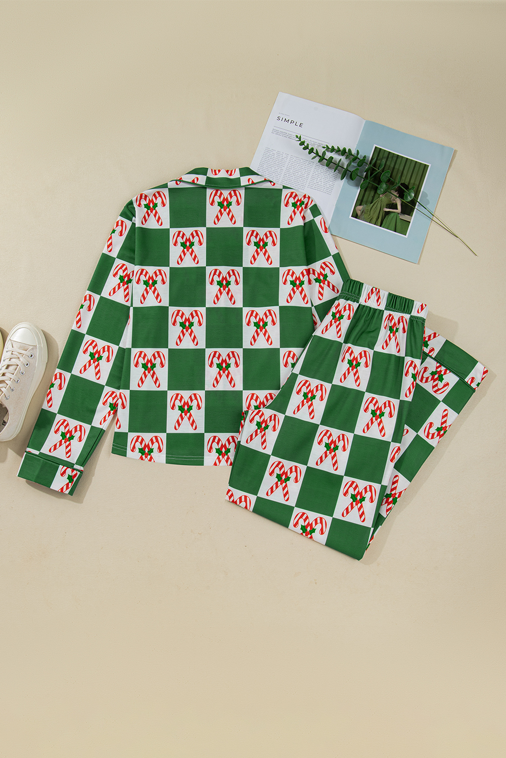 Green Holly Jolly Checkered Pattern 2pcs Long Pajama Set - loveforevers
