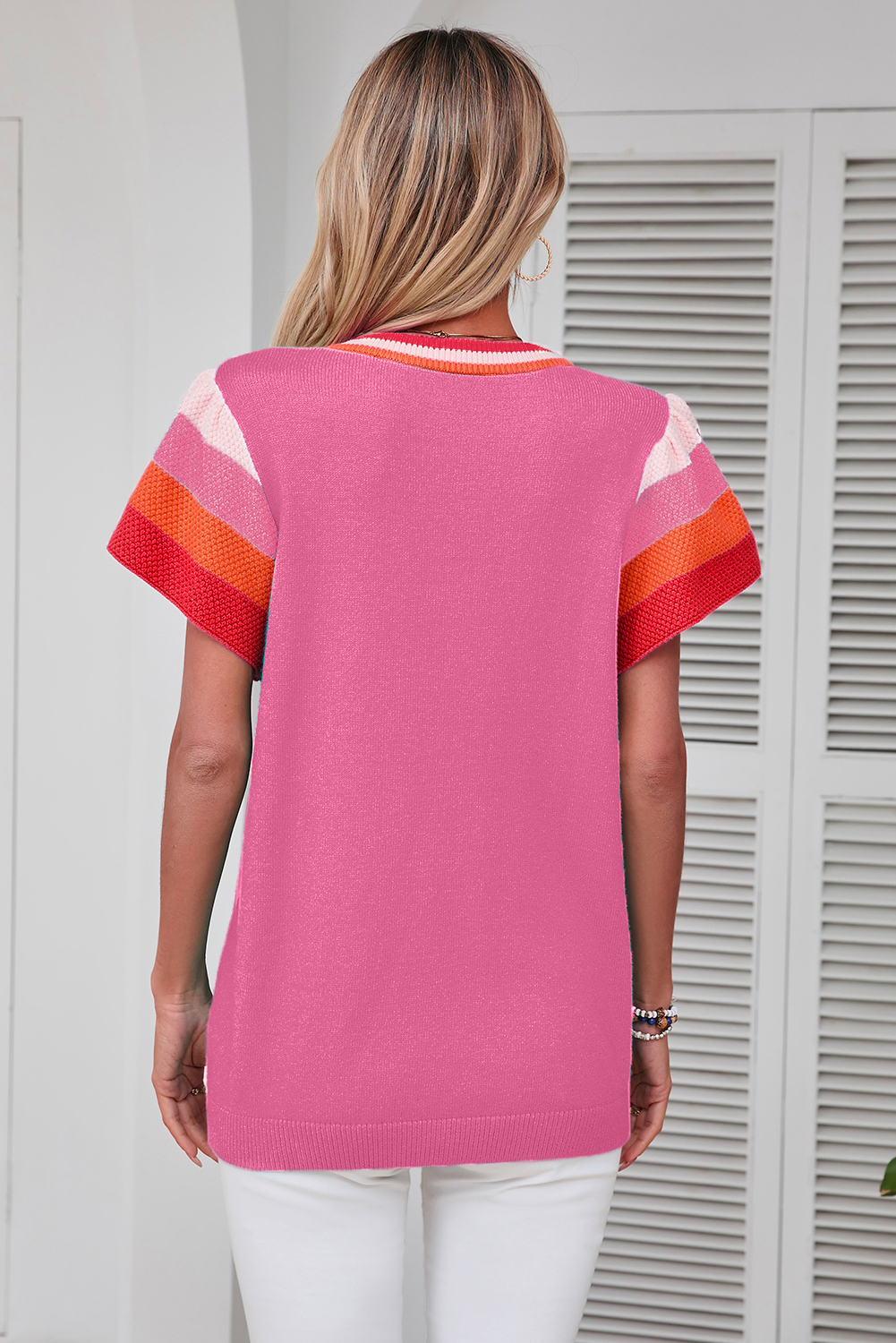 Bright Pink Contrast Flutter Sleeves Knitted Sweater T Shirt - loveforevers