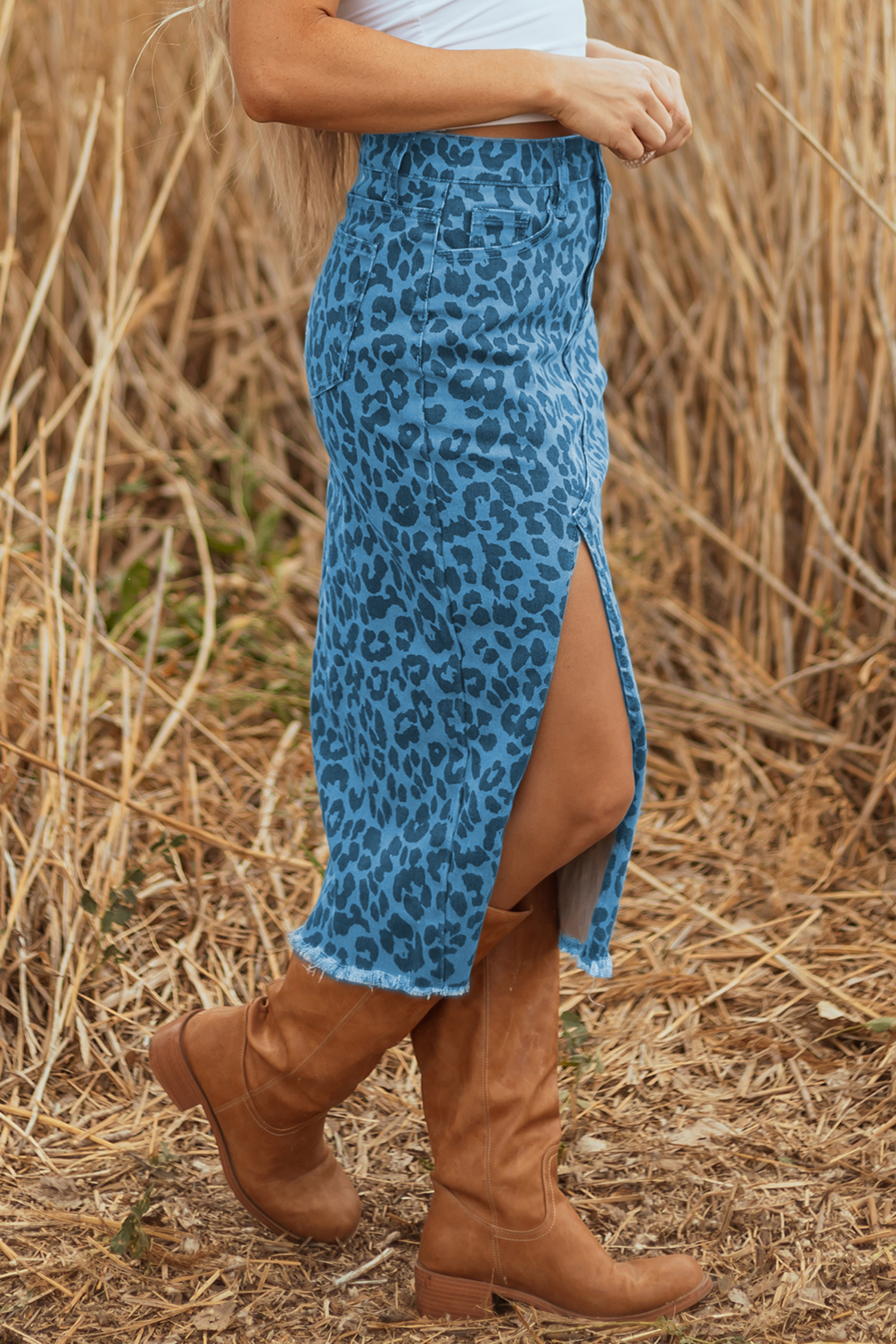Brown Leopard Denim Frayed Split Denim Midi Skirt - loveforevers
