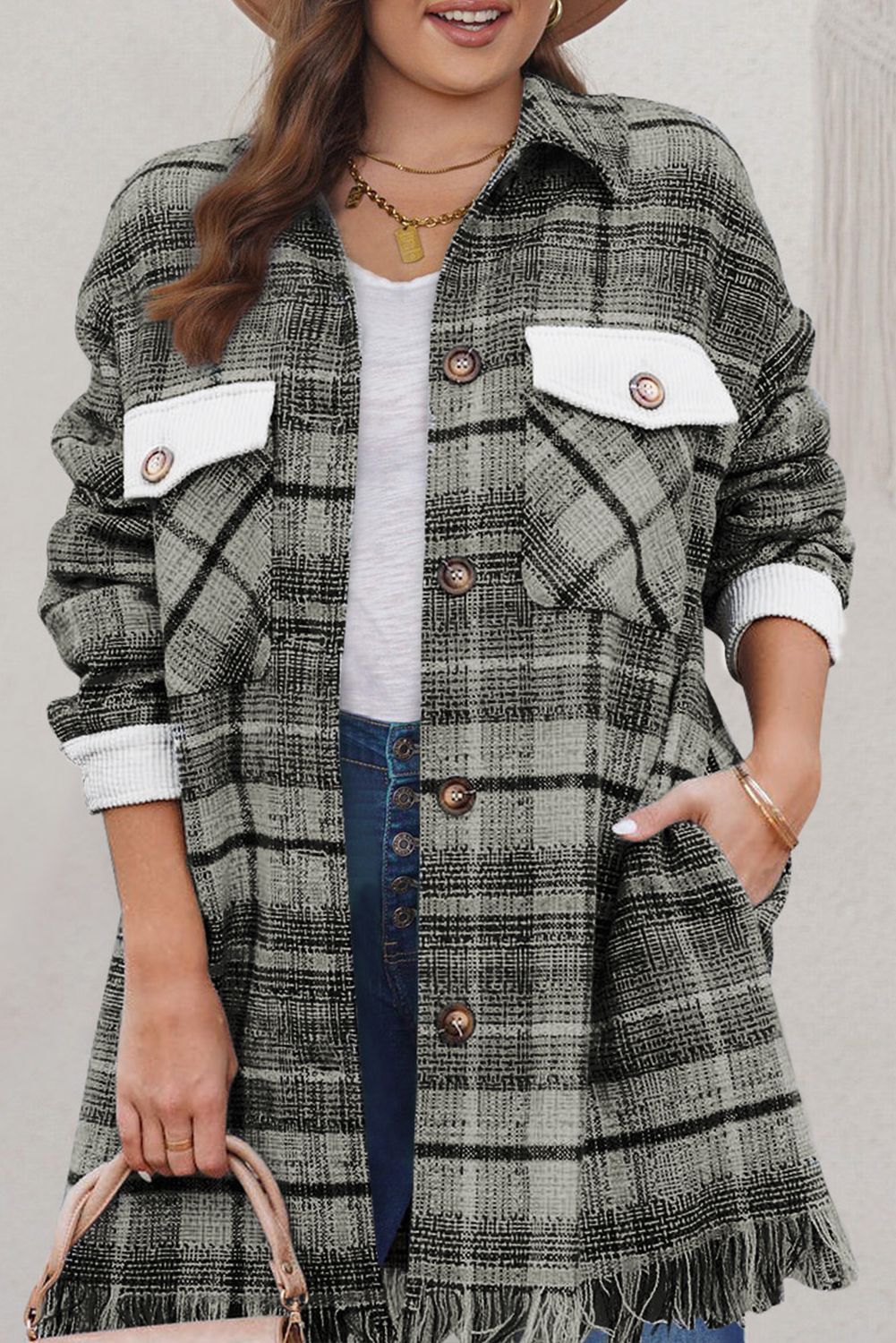 Black Plus Size Macrame Plaid Coat - loveforevers