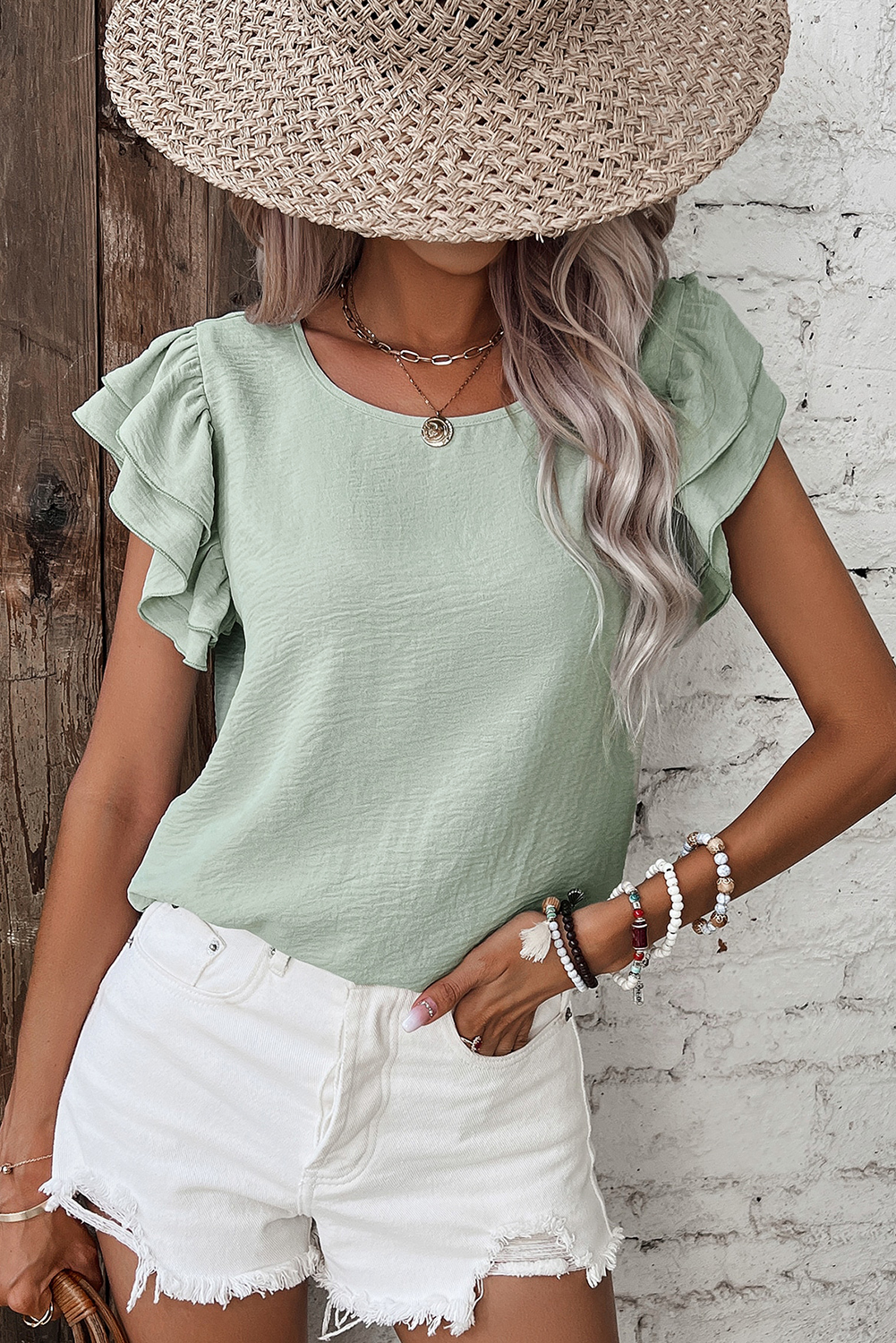 Clearly Aqua Solid Color Ruffled Short Sleeve Casual Blouse - loveforevers