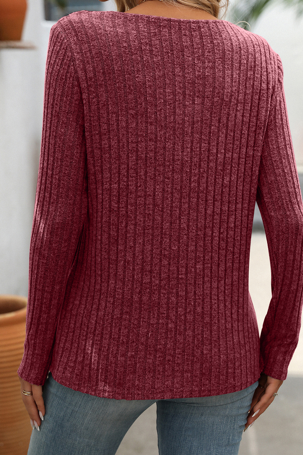 Mineral Red Ribbed Long Sleeve Buttoned Strap V Neck Top - loveforevers