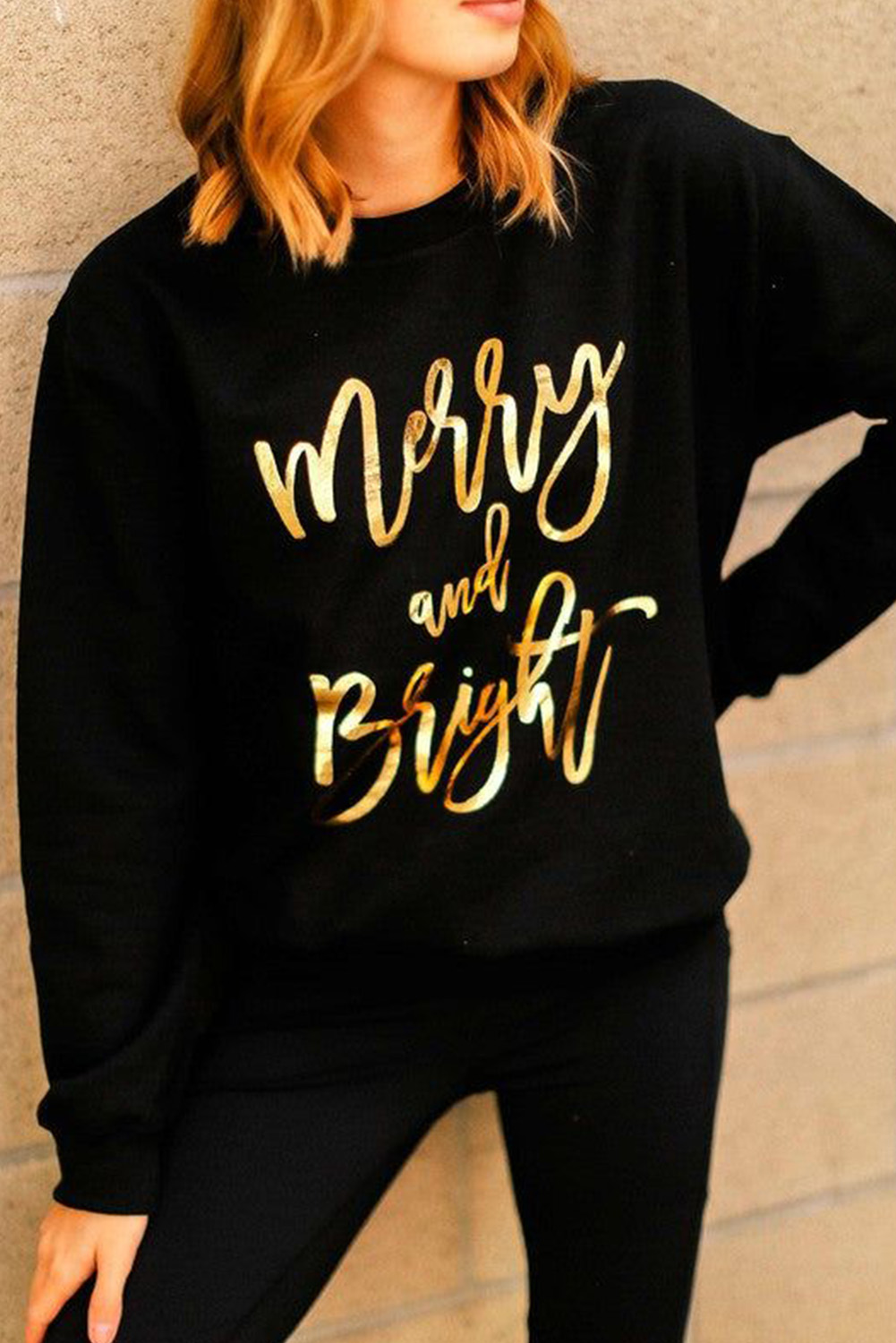 Black  Merry & Bright Letter Print Pullover Sweatshirt - loveforevers
