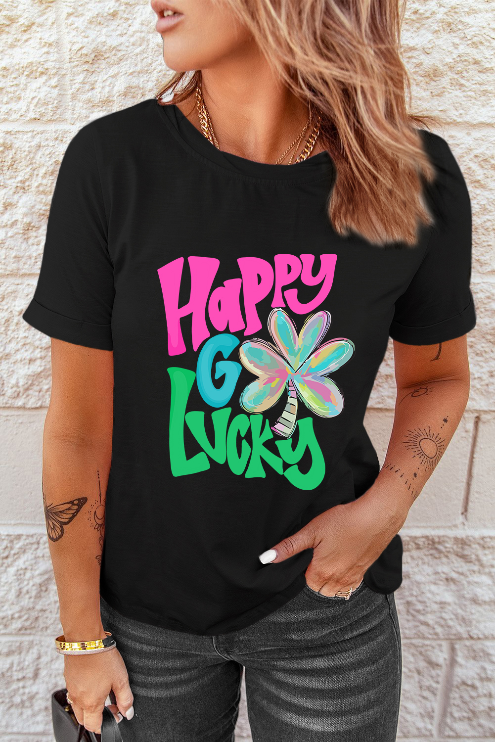 Black St. Patricks Lucky Clover Print O Neck T Shirt - loveforevers