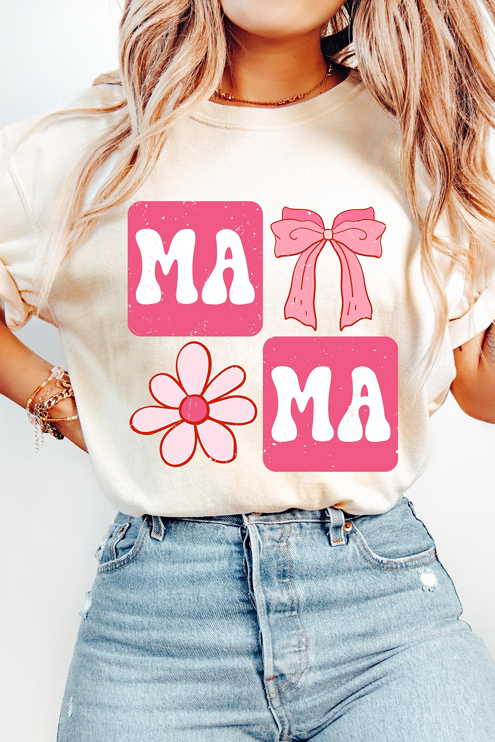 White MAMA Bow Flower Print Crewneck T Shirt - loveforevers