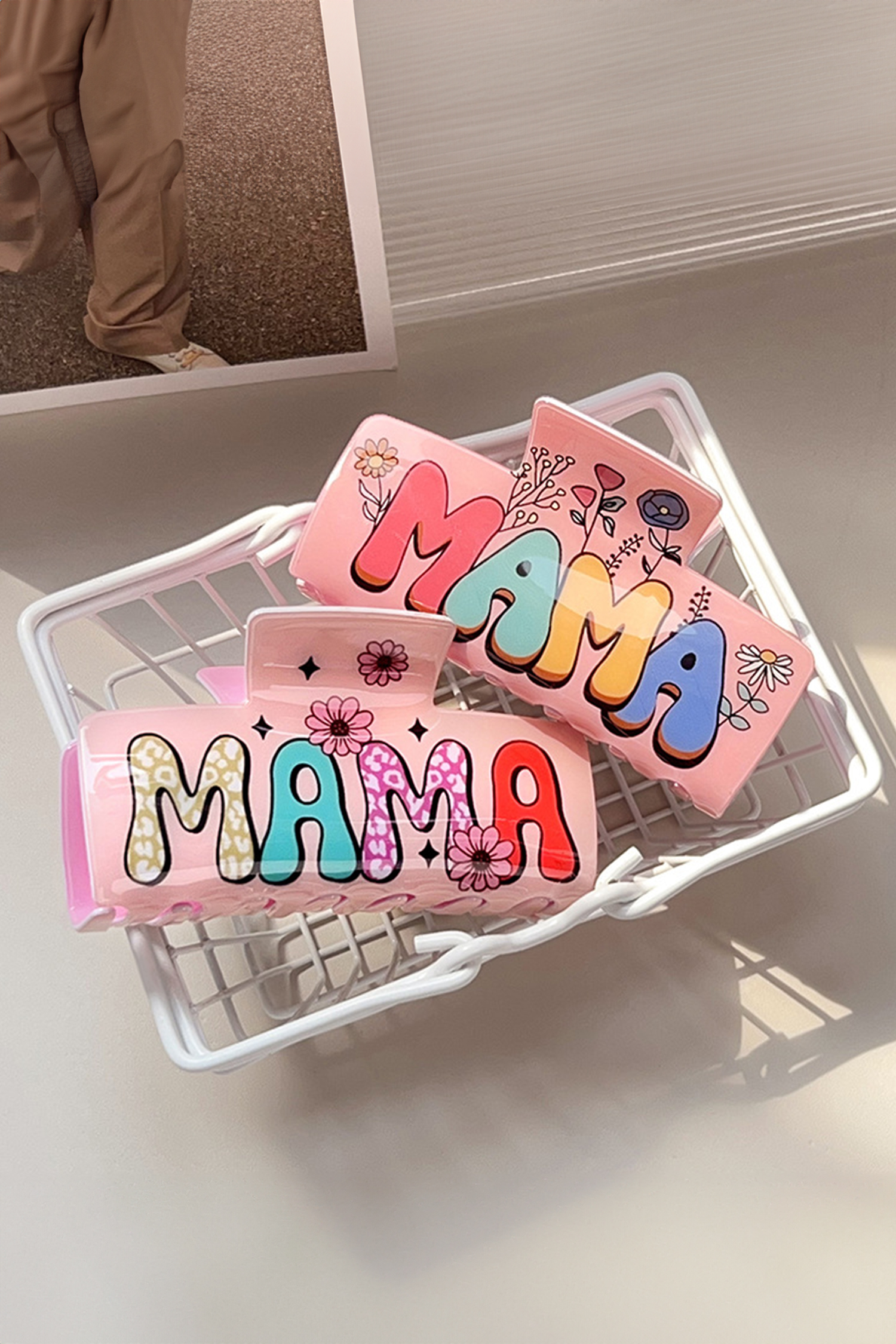 Pink MAMA Flower Printed Acrylic Large Square Hair Claw Clip - loveforevers