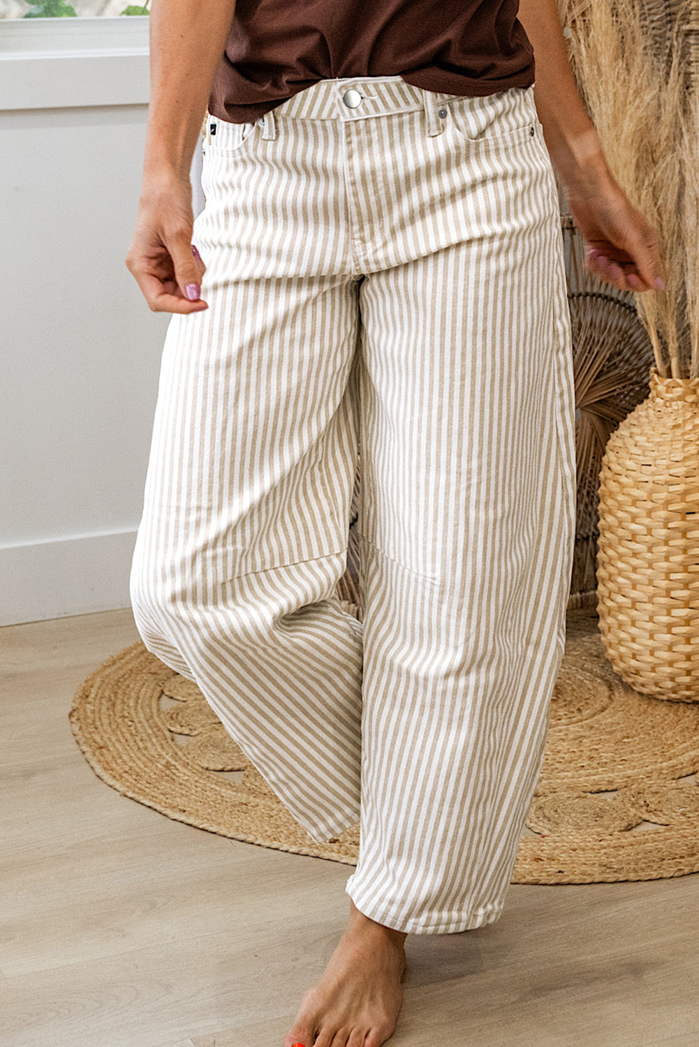 Khaki Stripe Casual Barrel Jeans - loveforevers