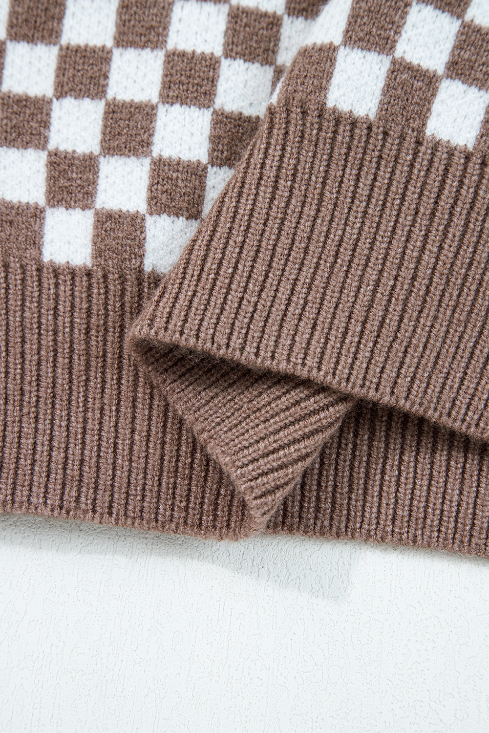 Dark Brown Half Button Ribbed Trim Checkerboard Knit Sweater - loveforevers
